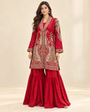 Red Embroidered Viscose Shirt with Gharara 2 Pc