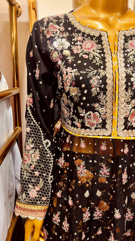 Black Floral Embroidered 3 Piece Suit with Net Dupatta