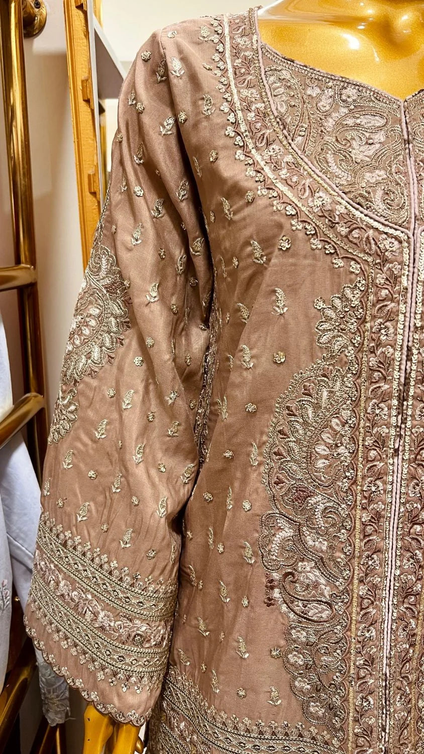 Mocha Embroidered 2 Piece Suit with Printed Shalwar