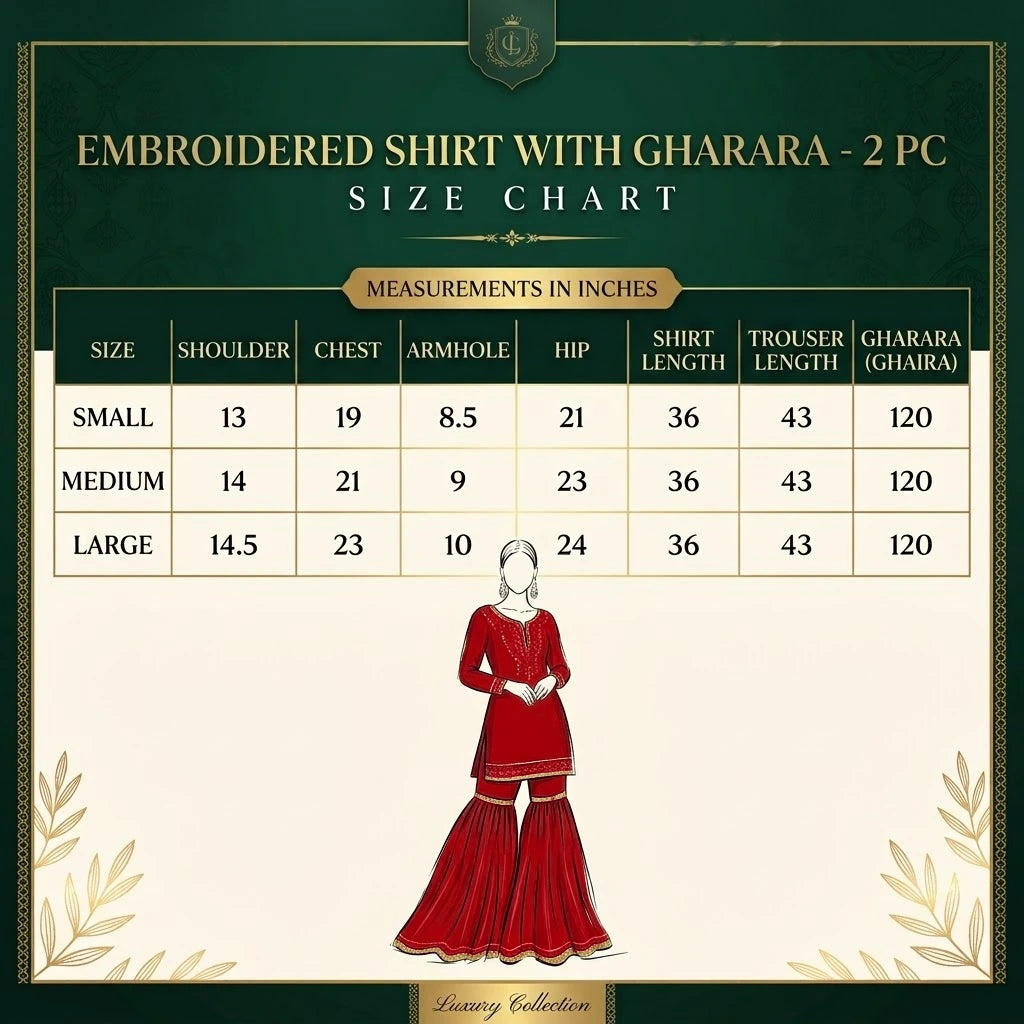 Red Embroidered Viscose Shirt with Gharara 2 Pc