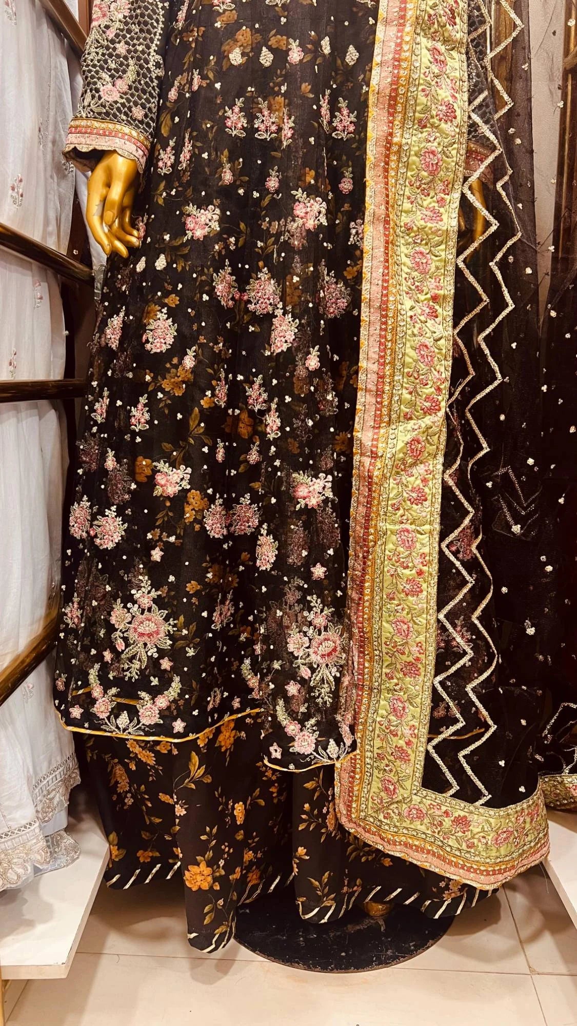 Black Floral Embroidered 3 Piece Suit with Net Dupatta