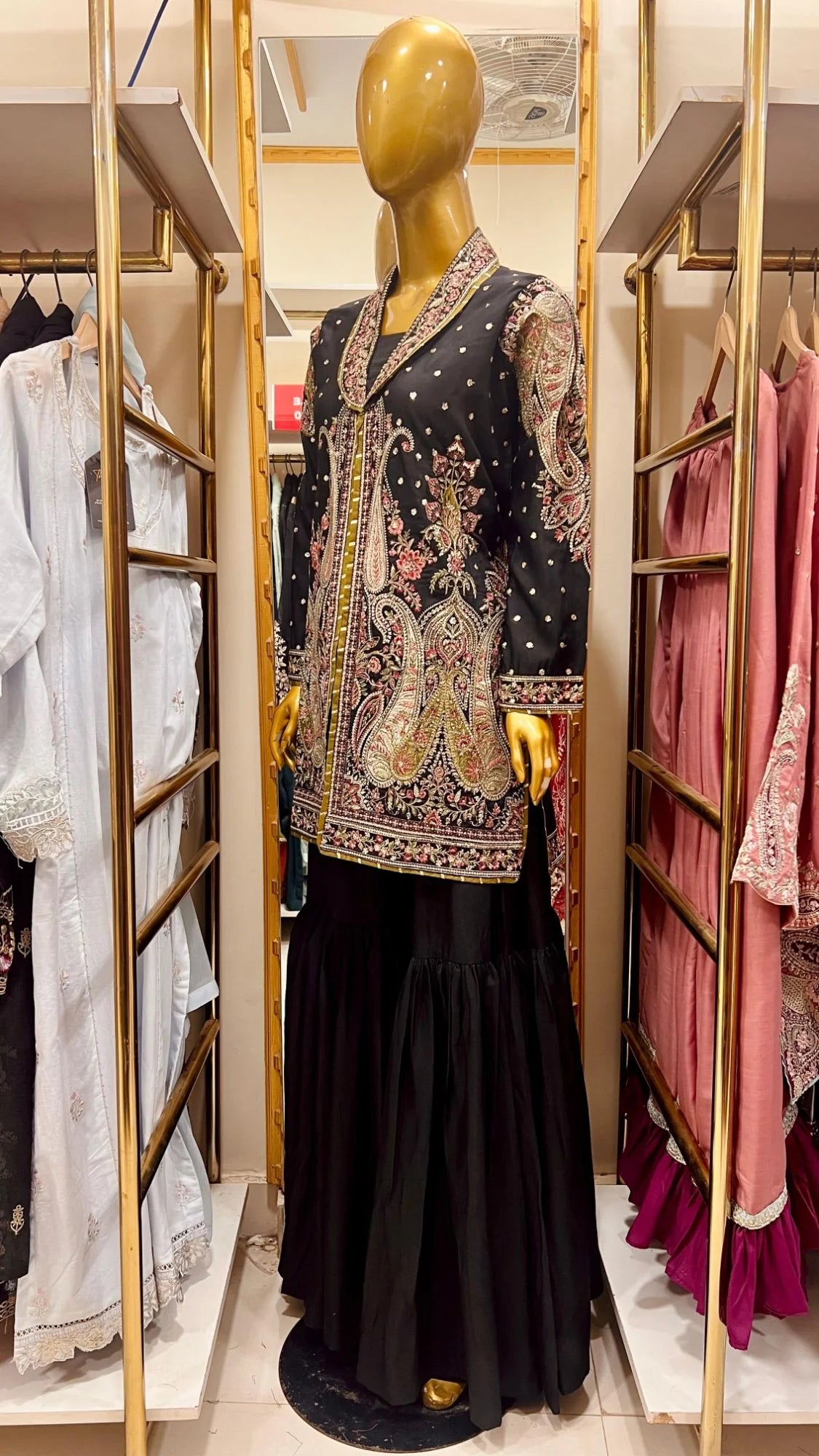 Black Embroided Viscose Shirt with Gharara 2 Pc