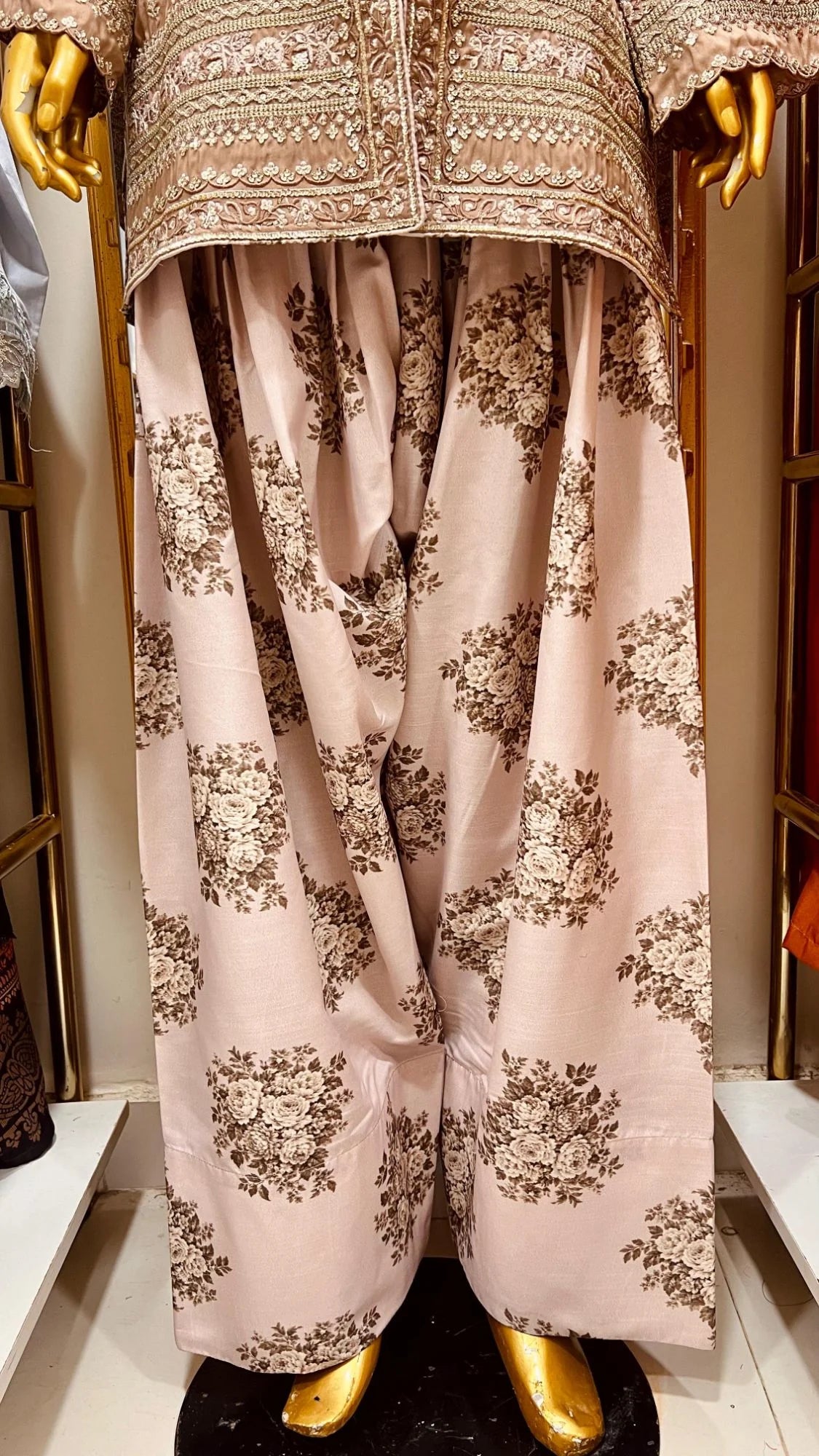 Mocha Embroidered 2 Piece Suit with Printed Shalwar