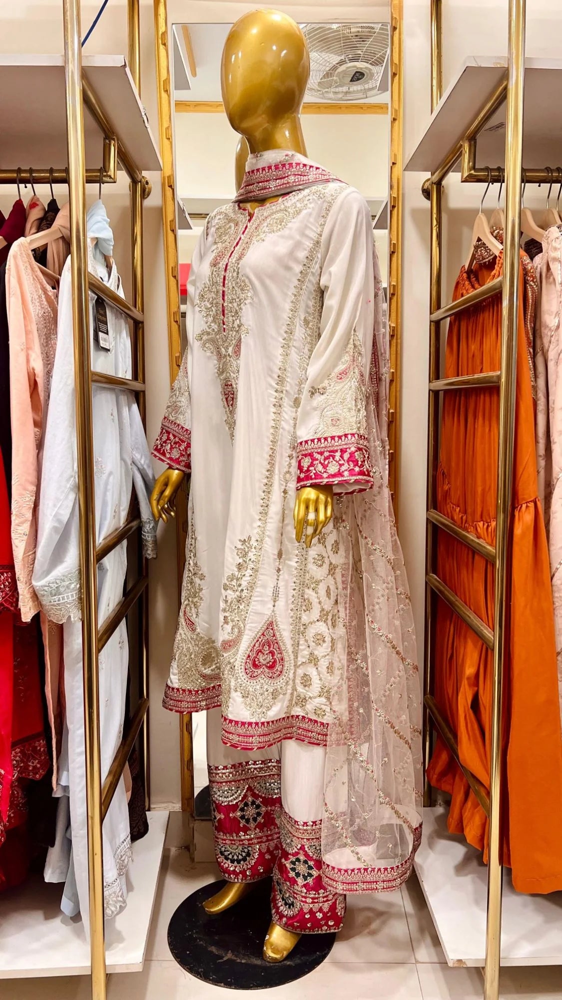 Ivory & Fuchsia Embroidered 3 Piece Suit for Nikkah & Walima