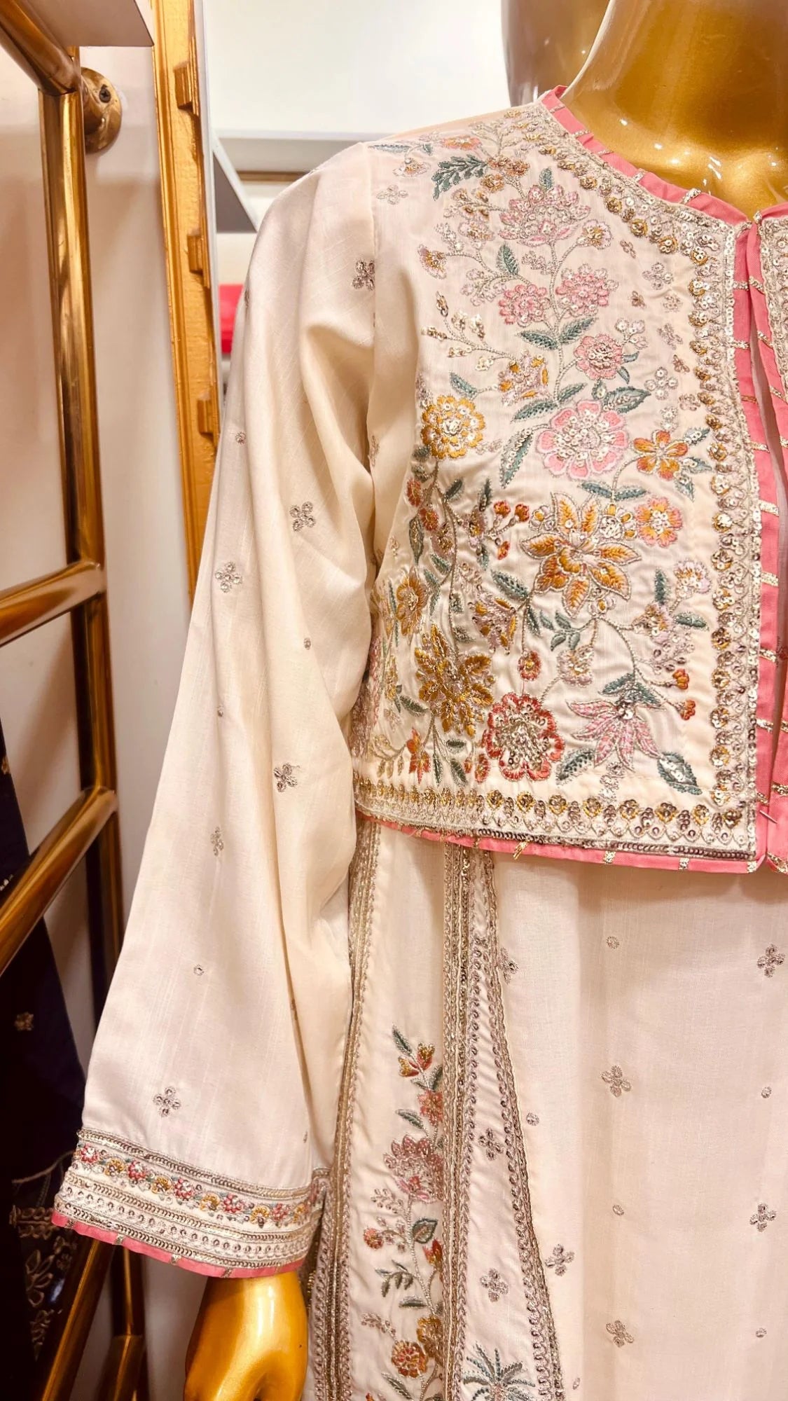 Ivory Embroidered 2 Piece Pishwas with Pink Satin Frill