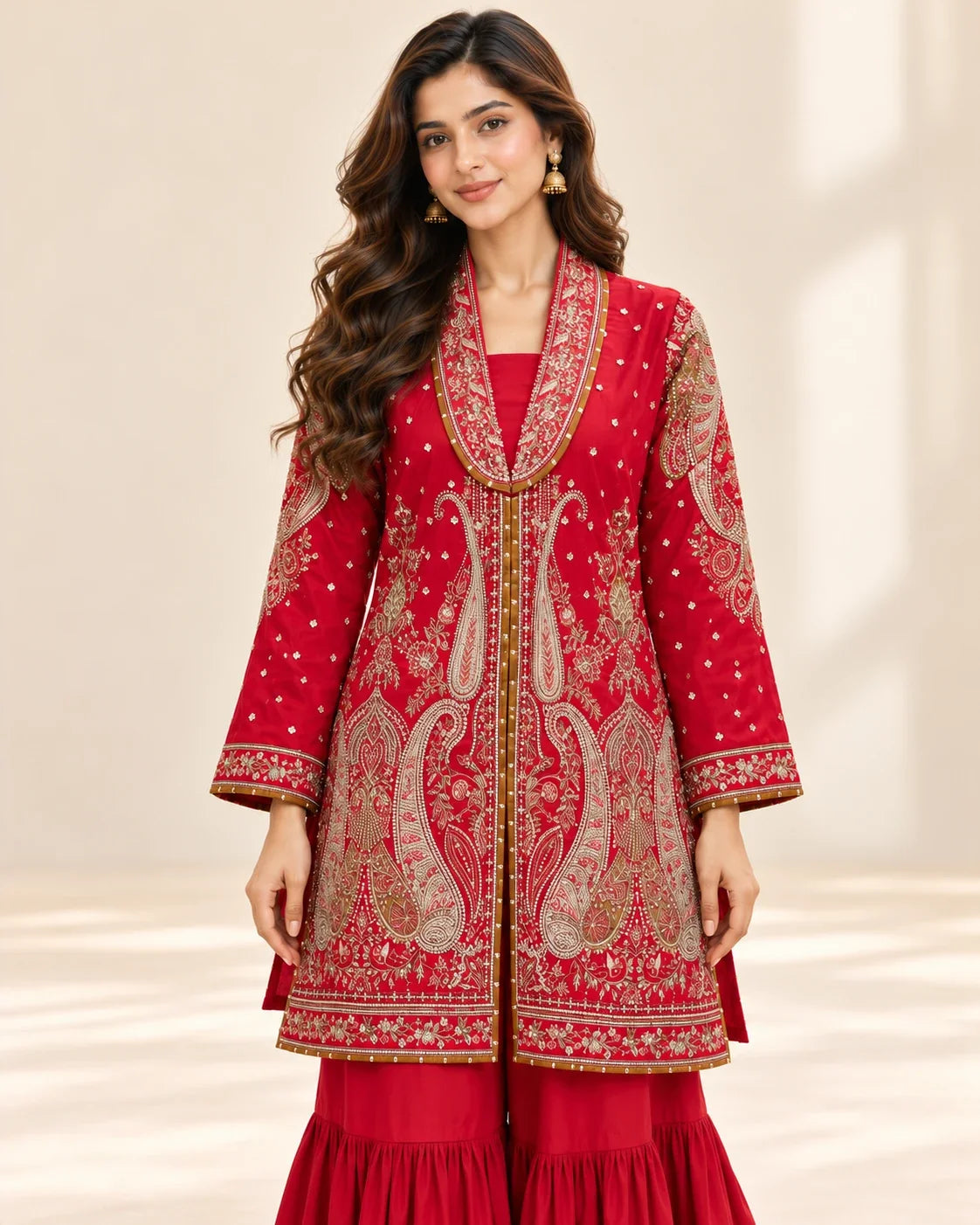 Red Embroidered Viscose Shirt with Gharara 2 Pc