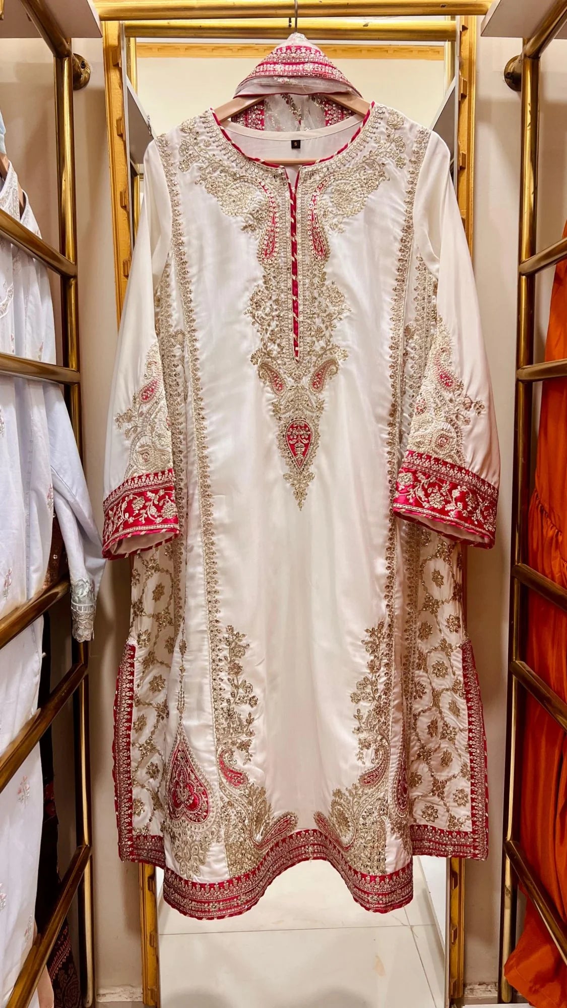 Ivory & Fuchsia Embroidered 3 Piece Suit for Nikkah & Walima