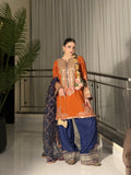 Burnt Orange & Navy Embroidered 3 Piece Suit for Mehndi & Dawat