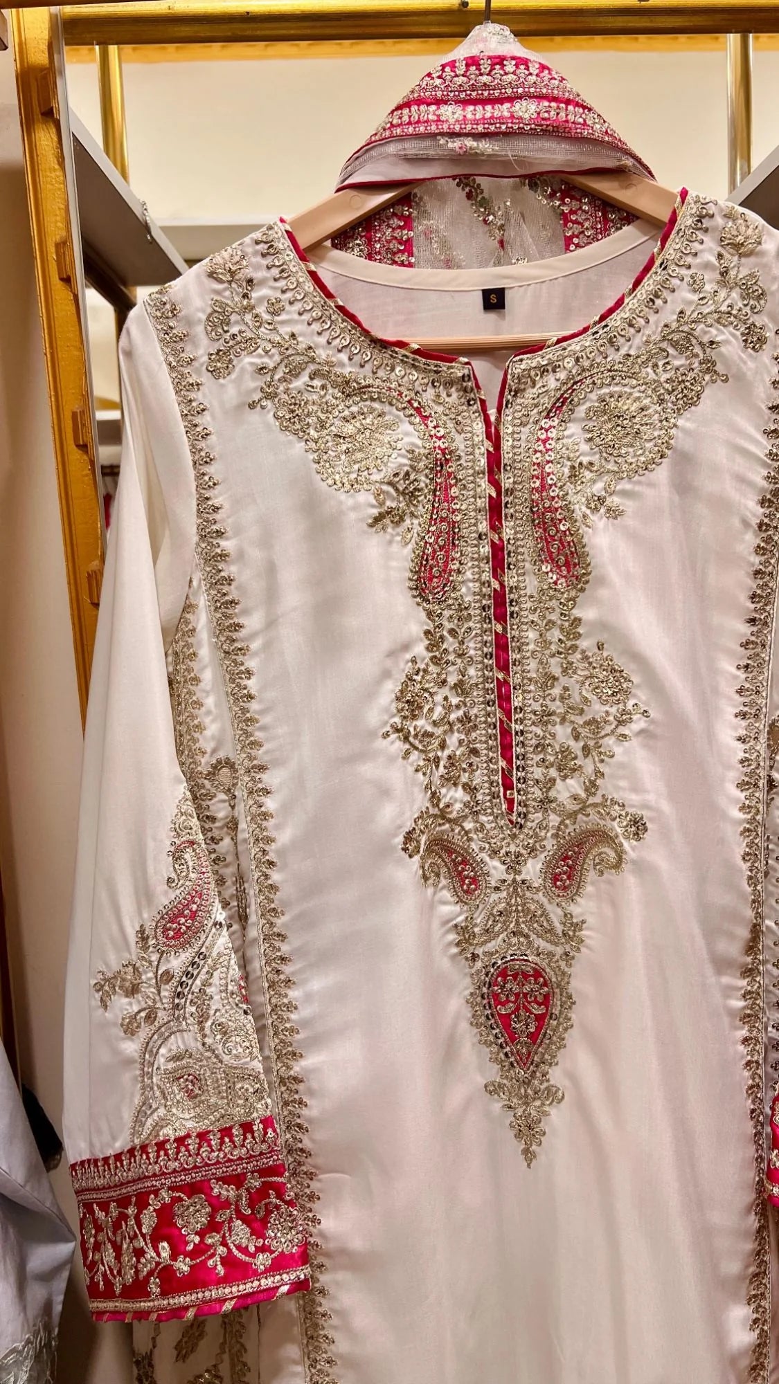 Ivory & Fuchsia Embroidered 3 Piece Suit for Nikkah & Walima