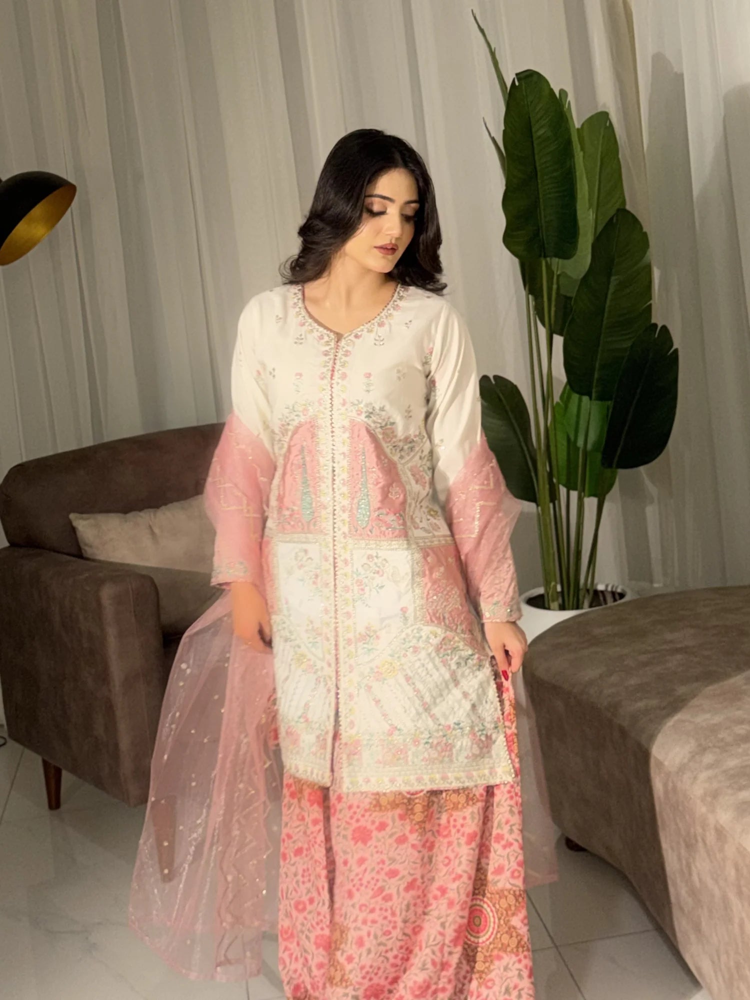 Ivory Embroidered 3 Piece Suit with Pink Satin Applique and Printed Plazo