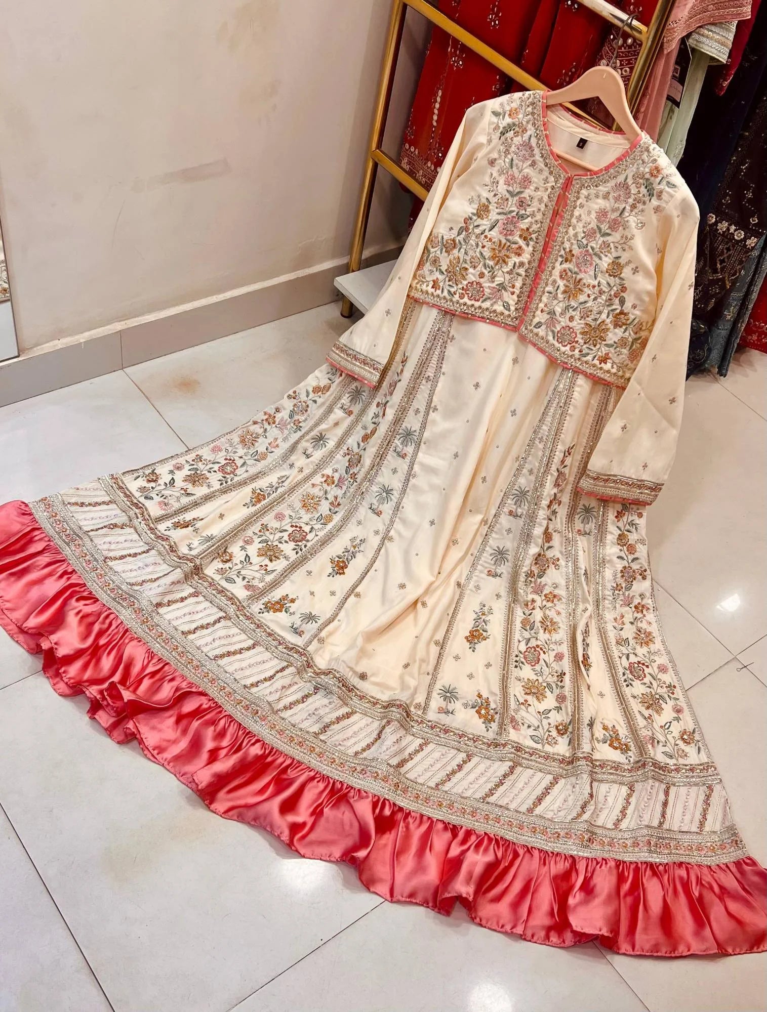 Ivory Embroidered 2 Piece Pishwas with Pink Satin Frill