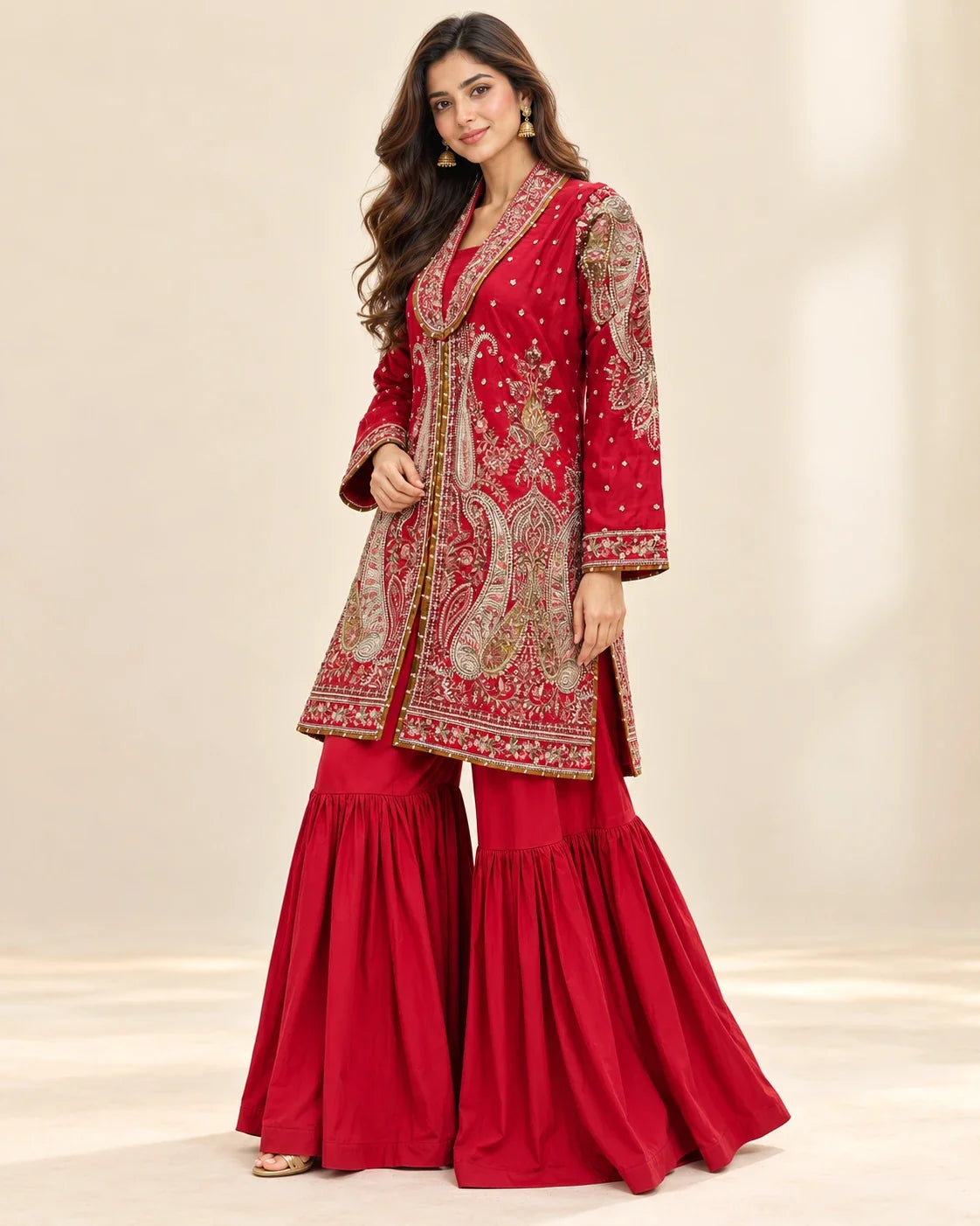 Red Embroidered Viscose Shirt with Gharara 2 Pc