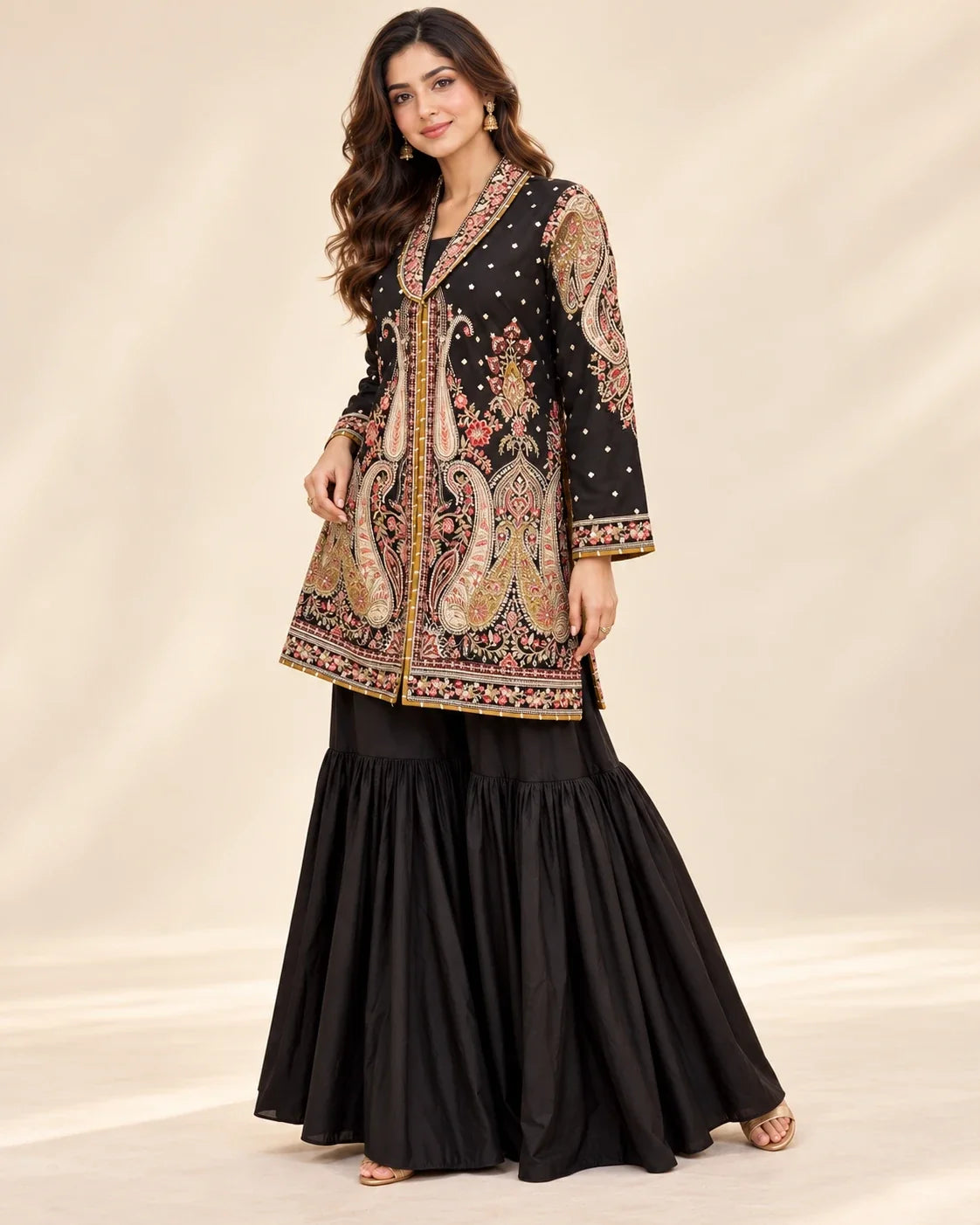 Black Embroided Viscose Shirt with Gharara 2 Pc