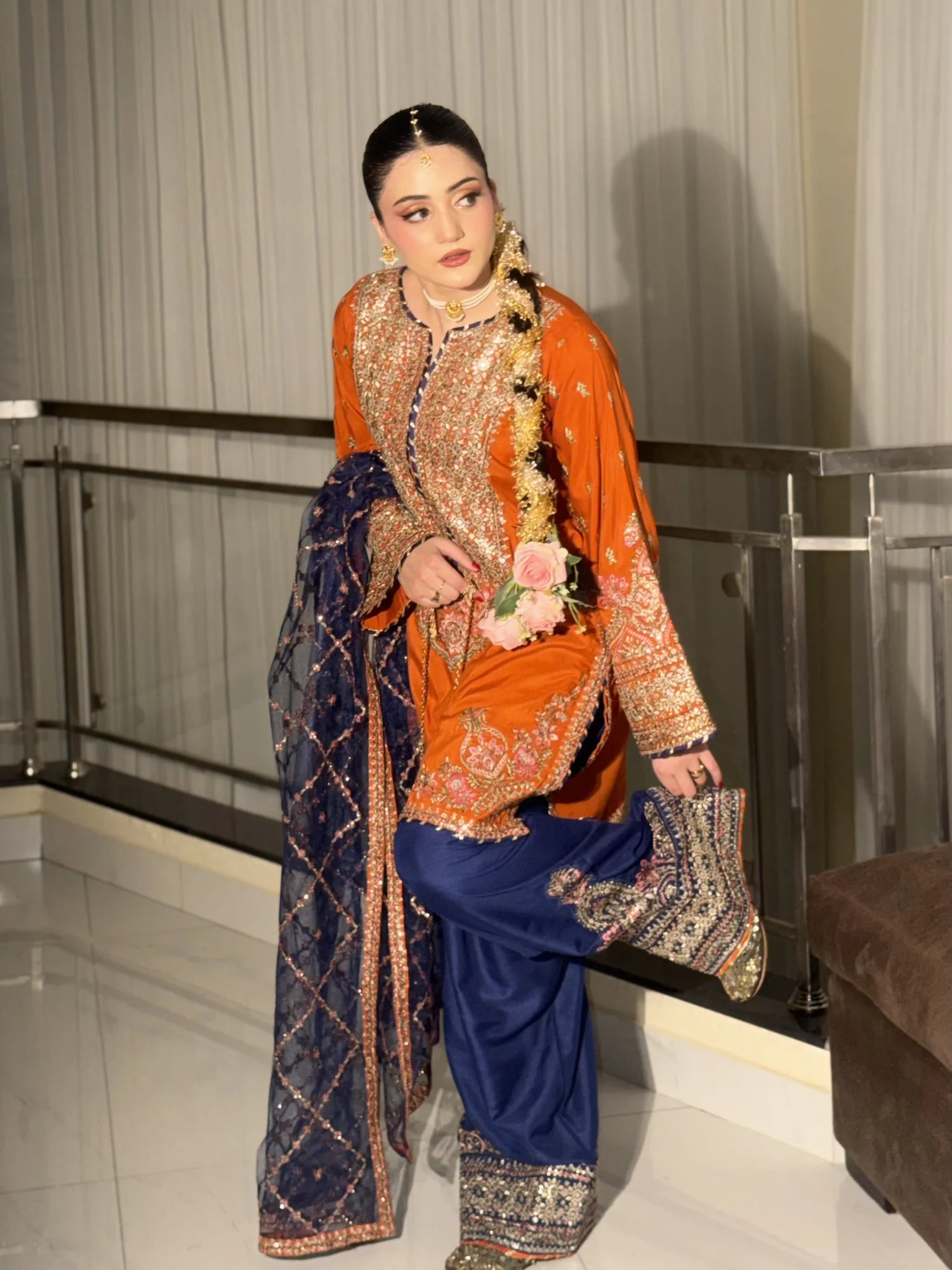 Burnt Orange & Navy Embroidered 3 Piece Suit for Mehndi & Dawat