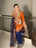 Burnt Orange & Navy Embroidered 3 Piece Suit for Mehndi & Dawat