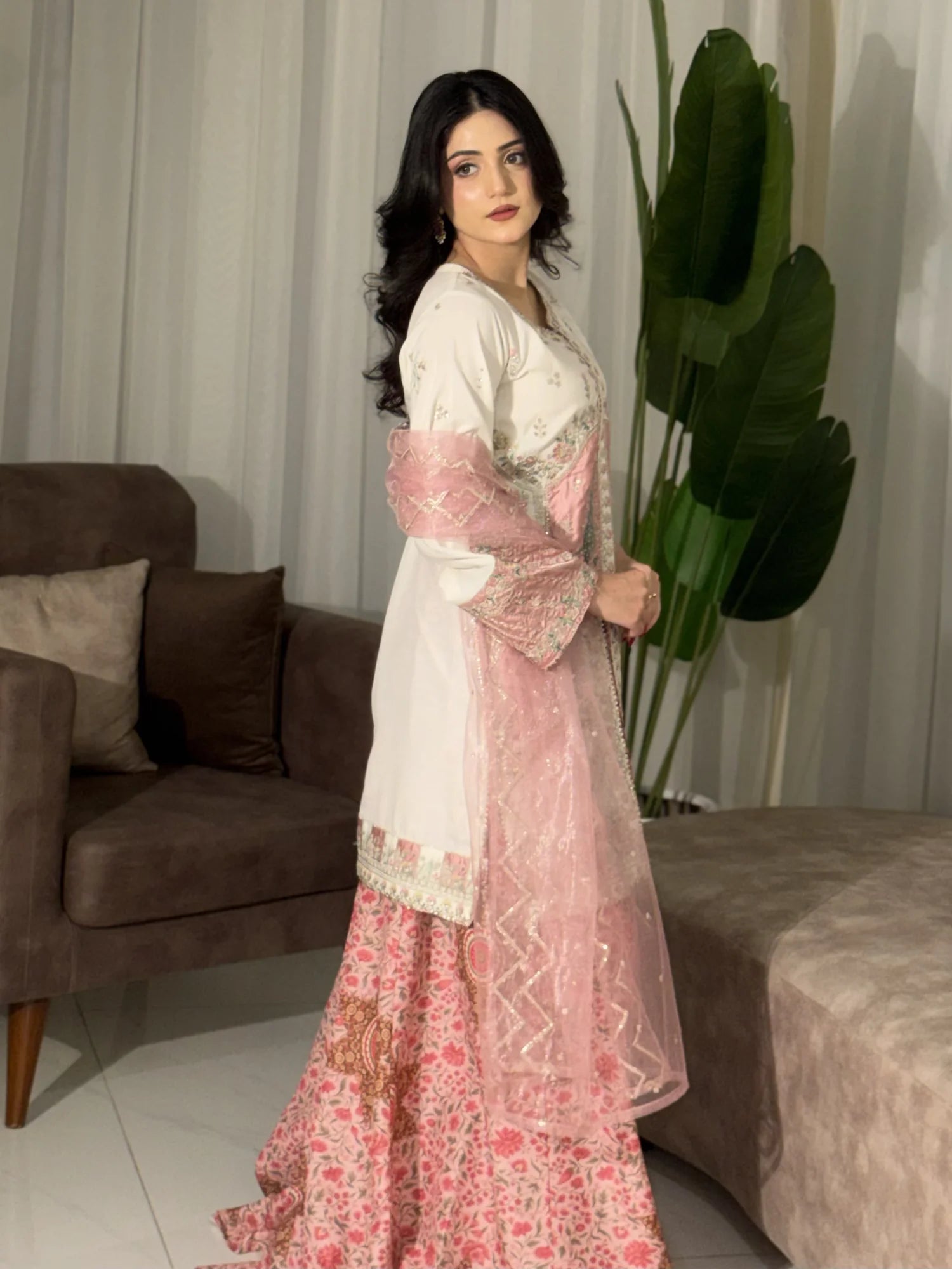 Ivory Embroidered 3 Piece Suit with Pink Satin Applique and Printed Plazo