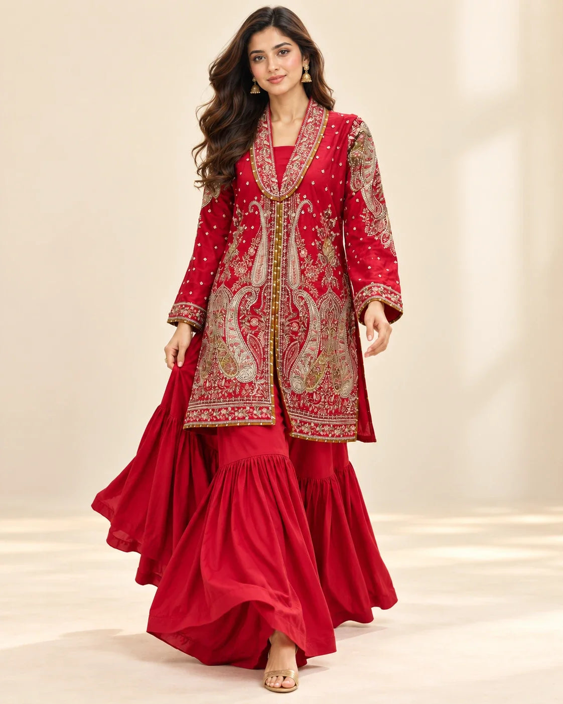 Red Embroidered Viscose Shirt with Gharara 2 Pc