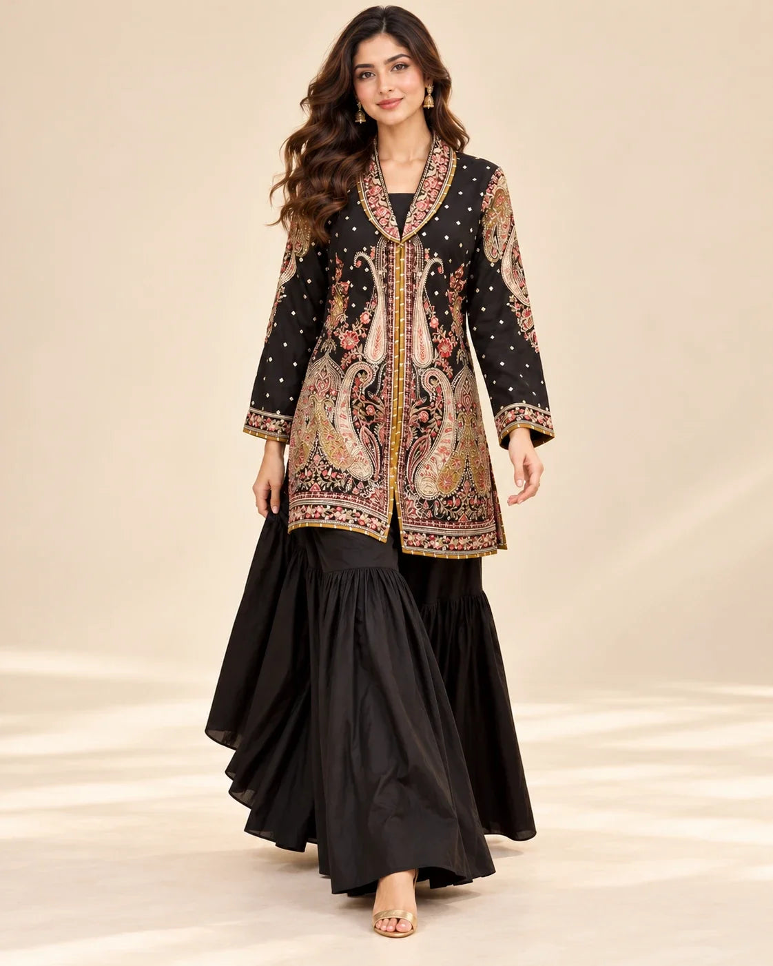 Black Embroided Viscose Shirt with Gharara 2 Pc