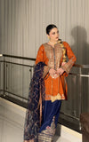 Burnt Orange & Navy Embroidered 3 Piece Suit for Mehndi & Dawat
