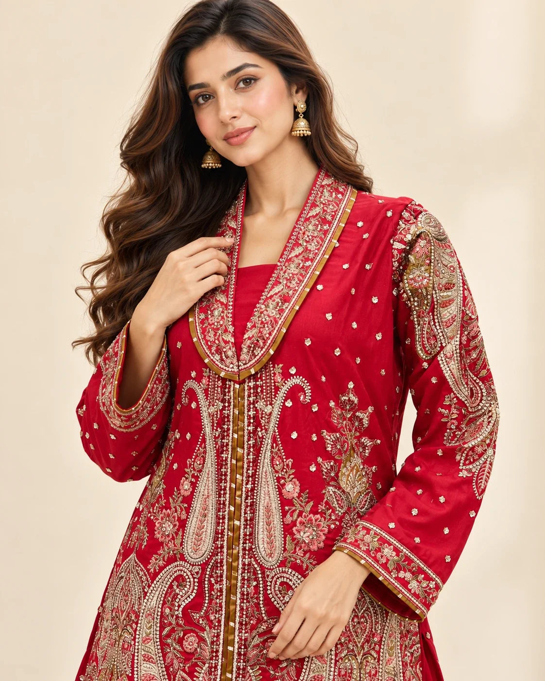 Red Embroidered Viscose Shirt with Gharara 2 Pc