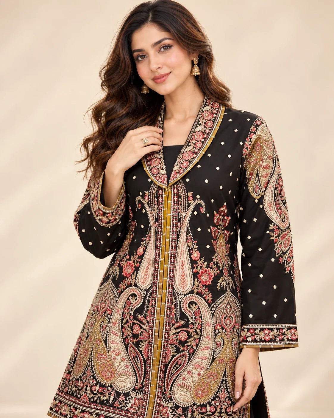 Black Embroided Viscose Shirt with Gharara 2 Pc