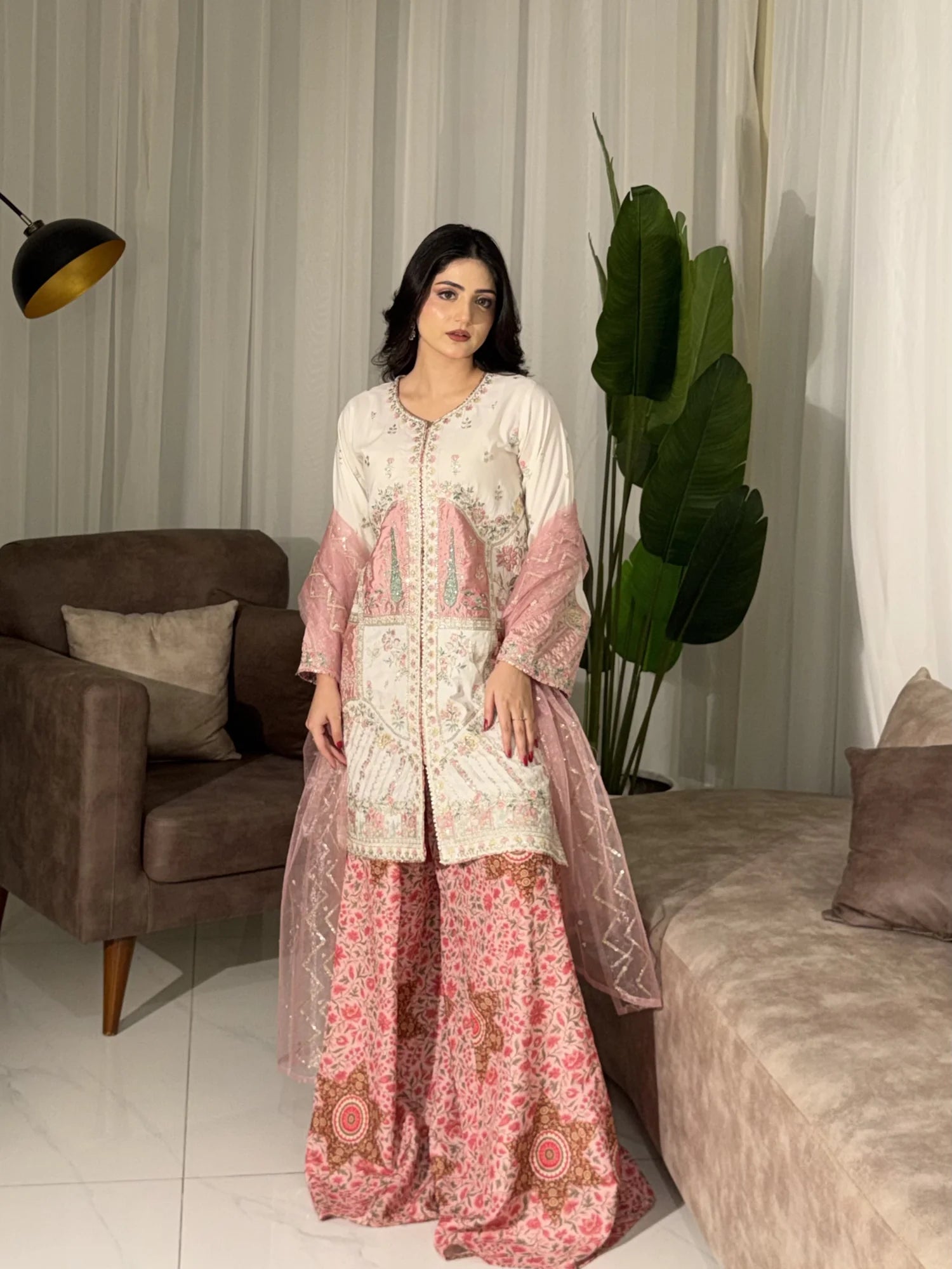 Ivory Embroidered 3 Piece Suit with Pink Satin Applique and Printed Plazo