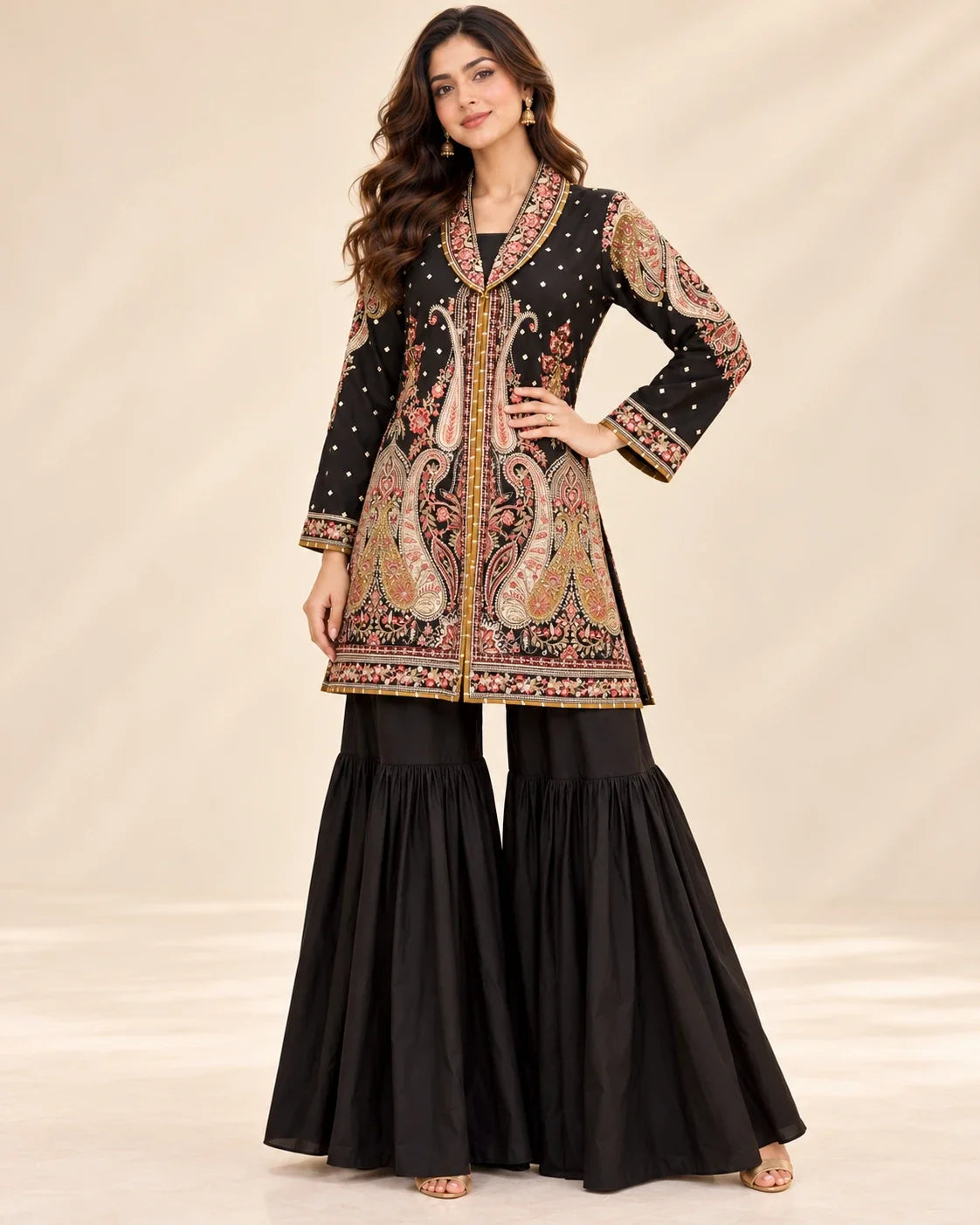 Black Embroided Viscose Shirt with Gharara 2 Pc