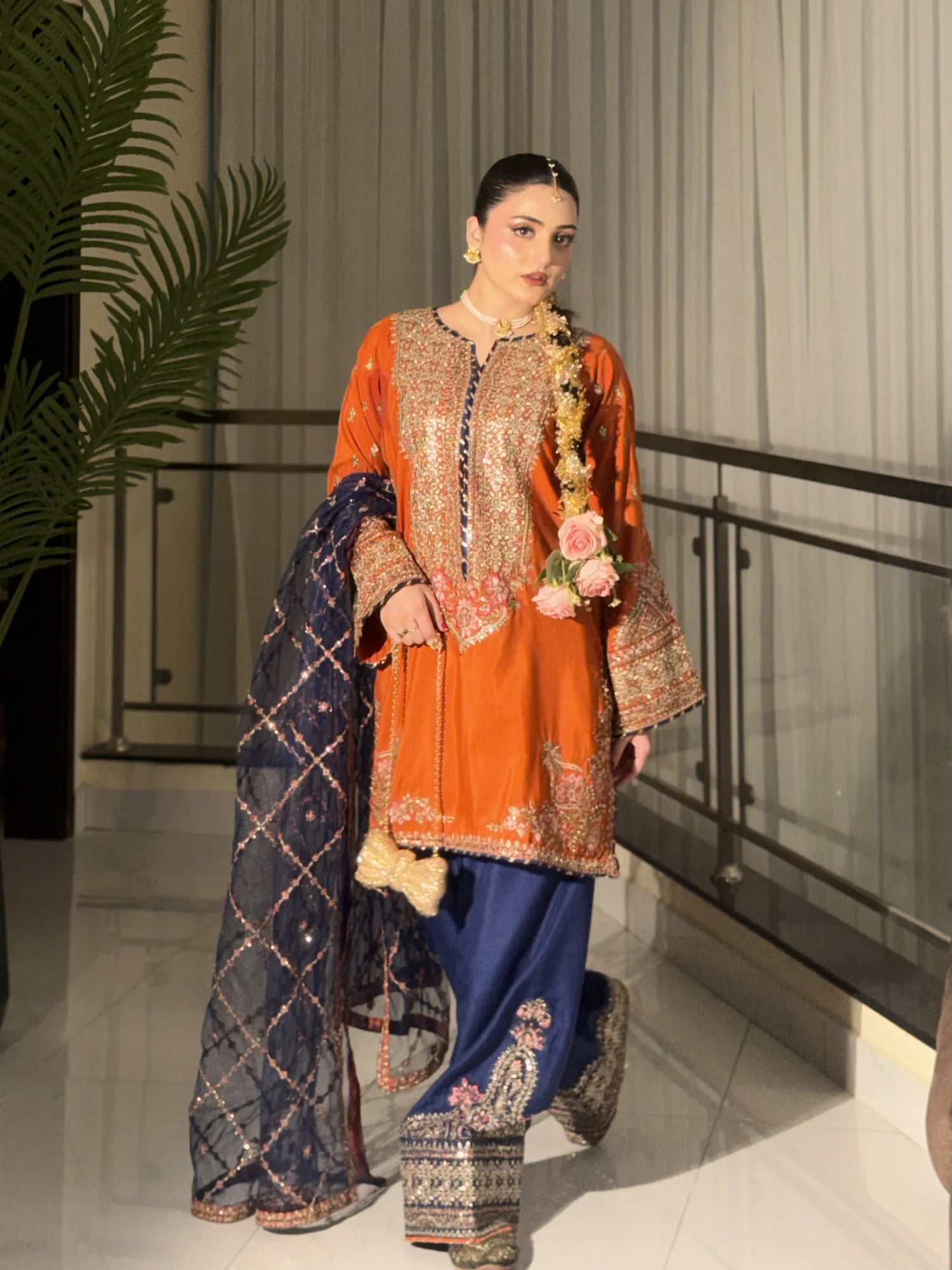 Burnt Orange & Navy Embroidered 3 Piece Suit for Mehndi & Dawat