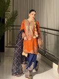 Burnt Orange & Navy Embroidered 3 Piece Suit for Mehndi & Dawat