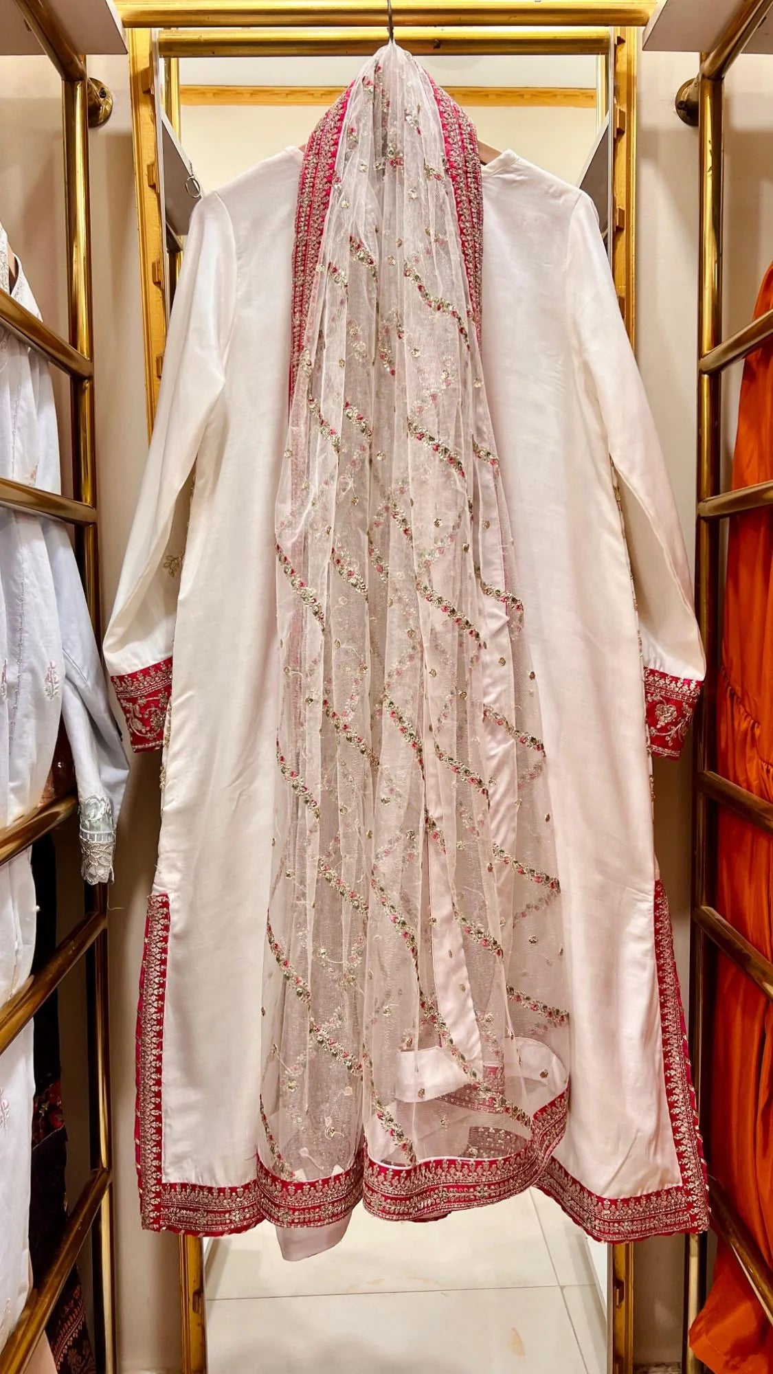 Ivory & Fuchsia Embroidered 3 Piece Suit for Nikkah & Walima