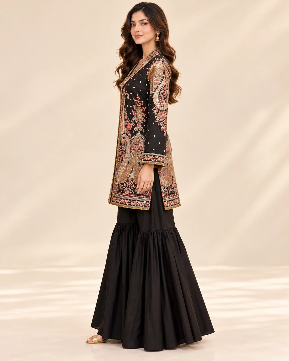 Black Embroided Viscose Shirt with Gharara 2 Pc