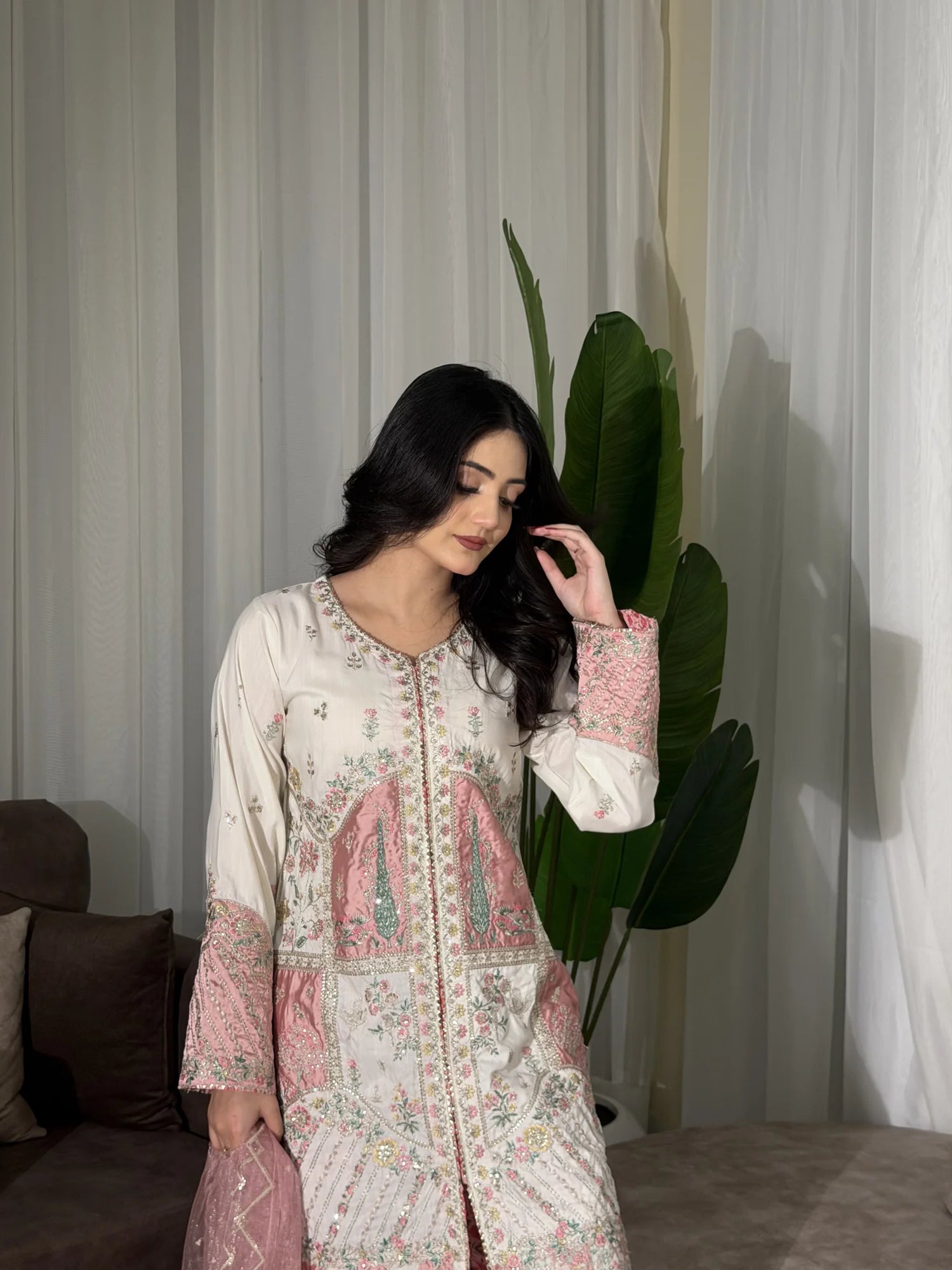 Ivory Embroidered 3 Piece Suit with Pink Satin Applique and Printed Plazo