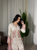 Ivory Embroidered 3 Piece Suit with Pink Satin Applique and Printed Plazo