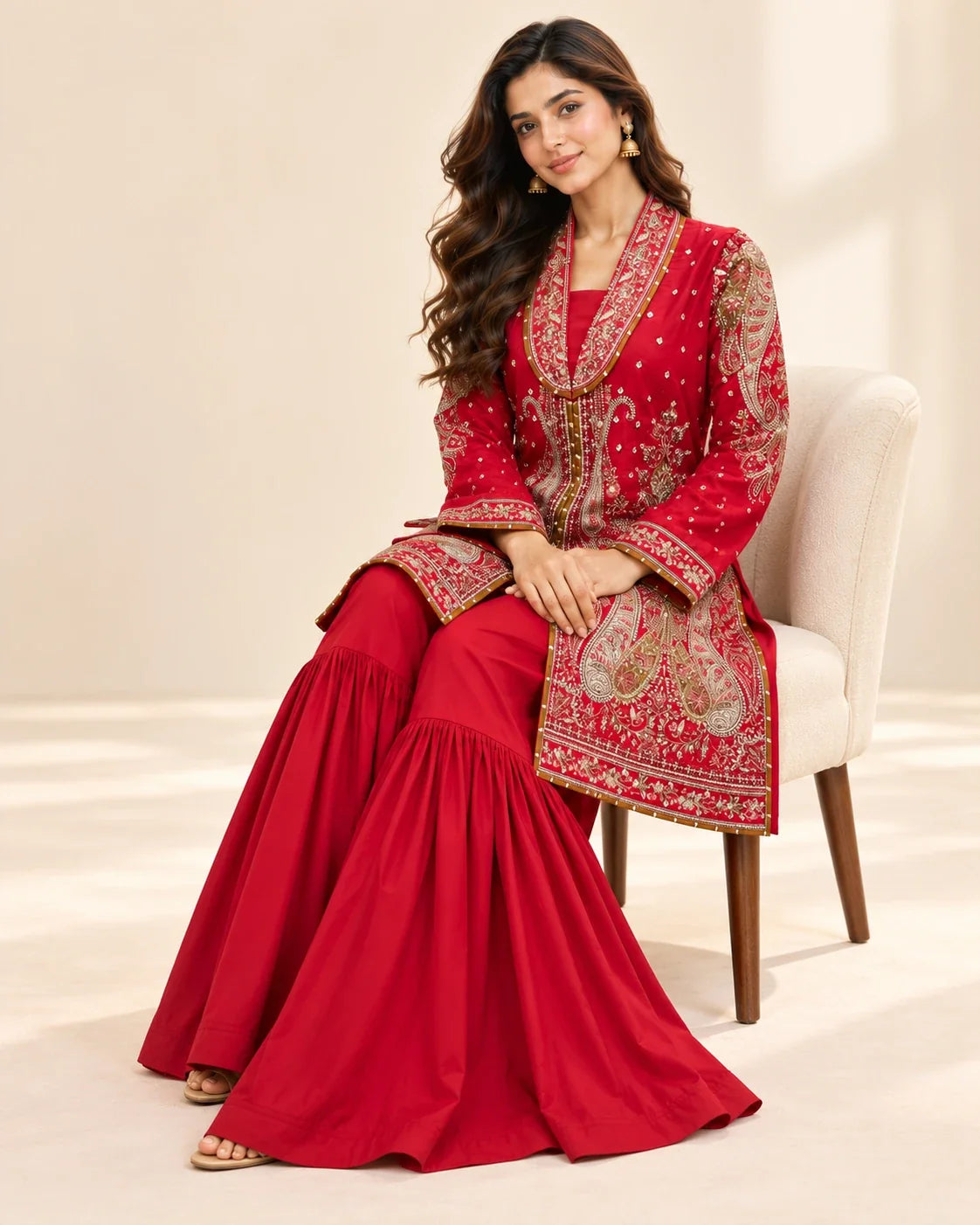 Red Embroidered Viscose Shirt with Gharara 2 Pc
