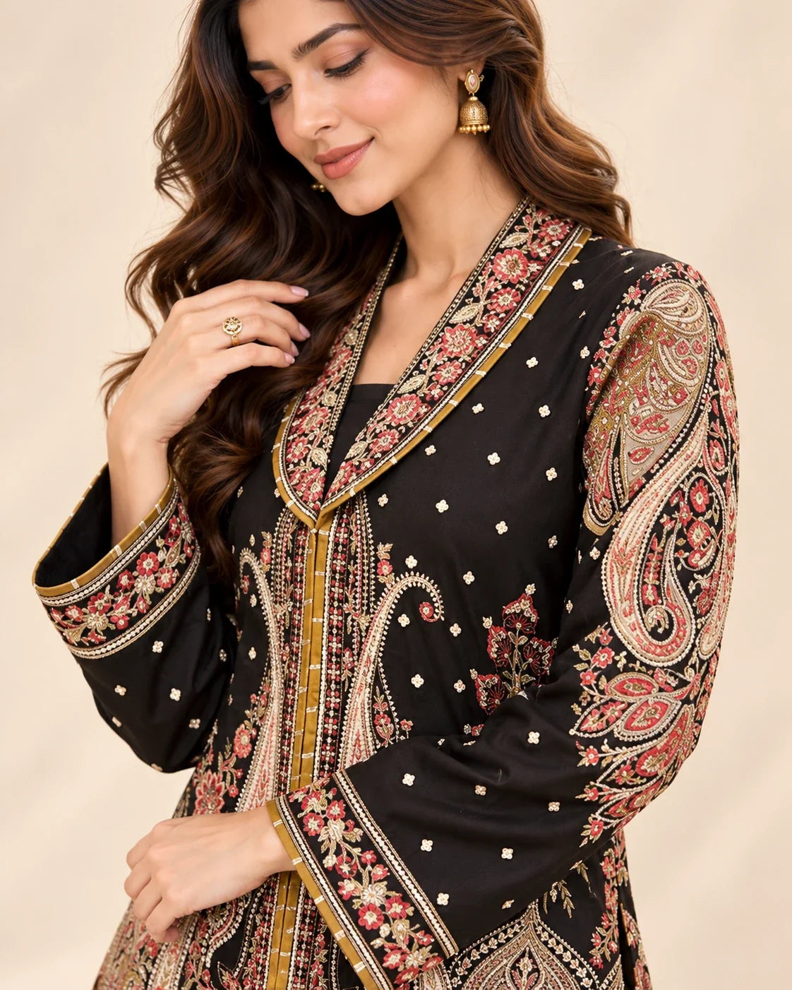 Black Embroided Viscose Shirt with Gharara 2 Pc