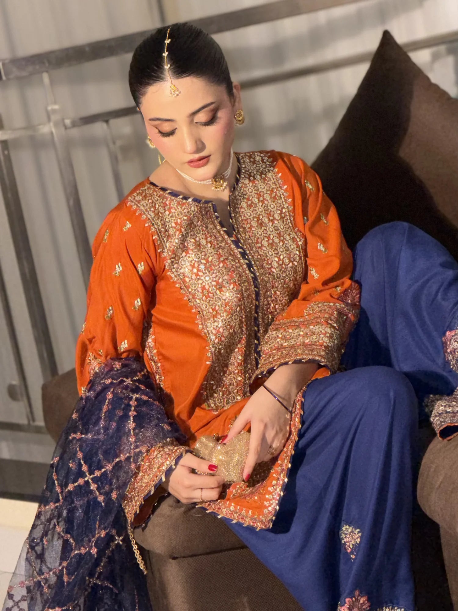 Burnt Orange & Navy Embroidered 3 Piece Suit for Mehndi & Dawat