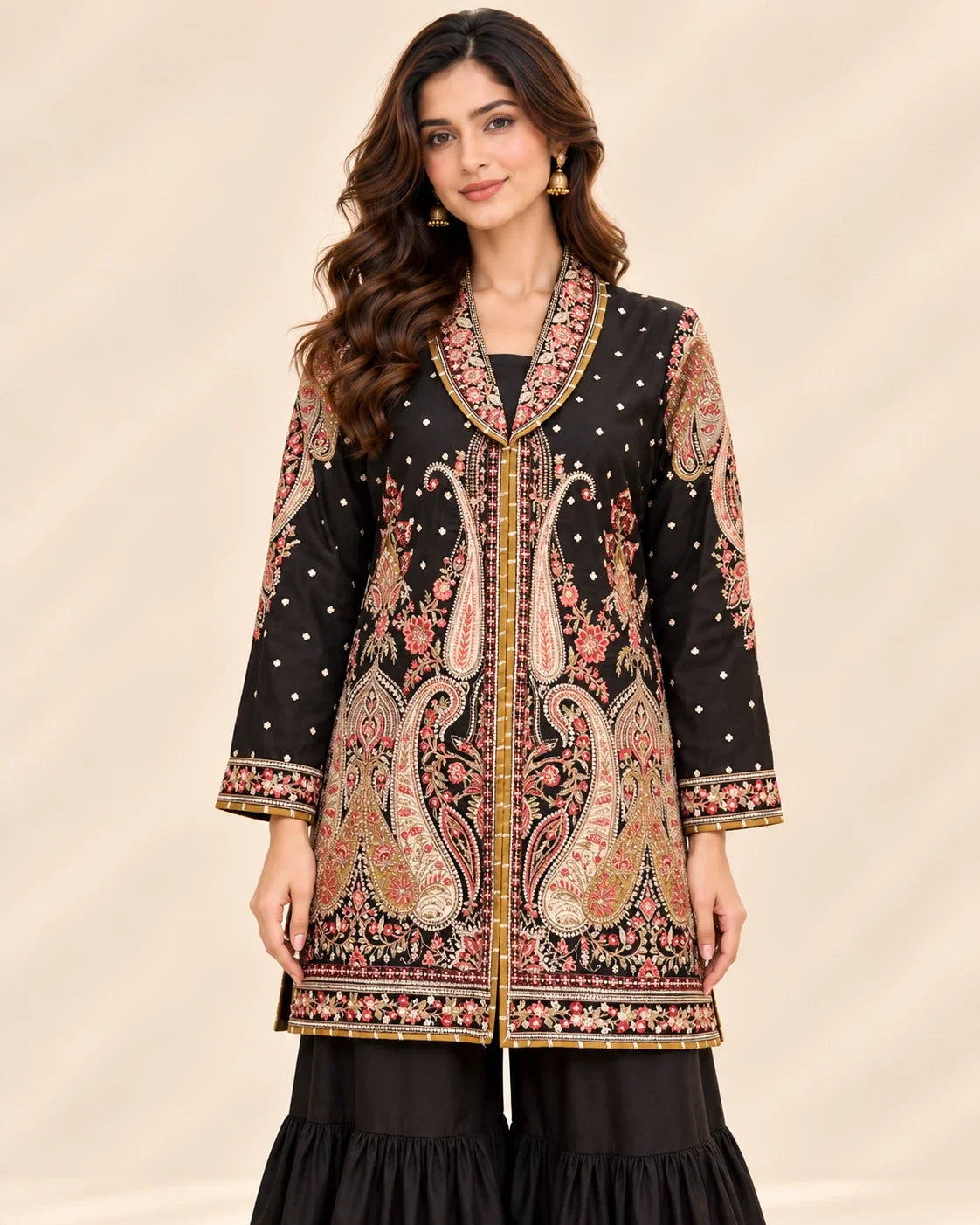 Black Embroided Viscose Shirt with Gharara 2 Pc