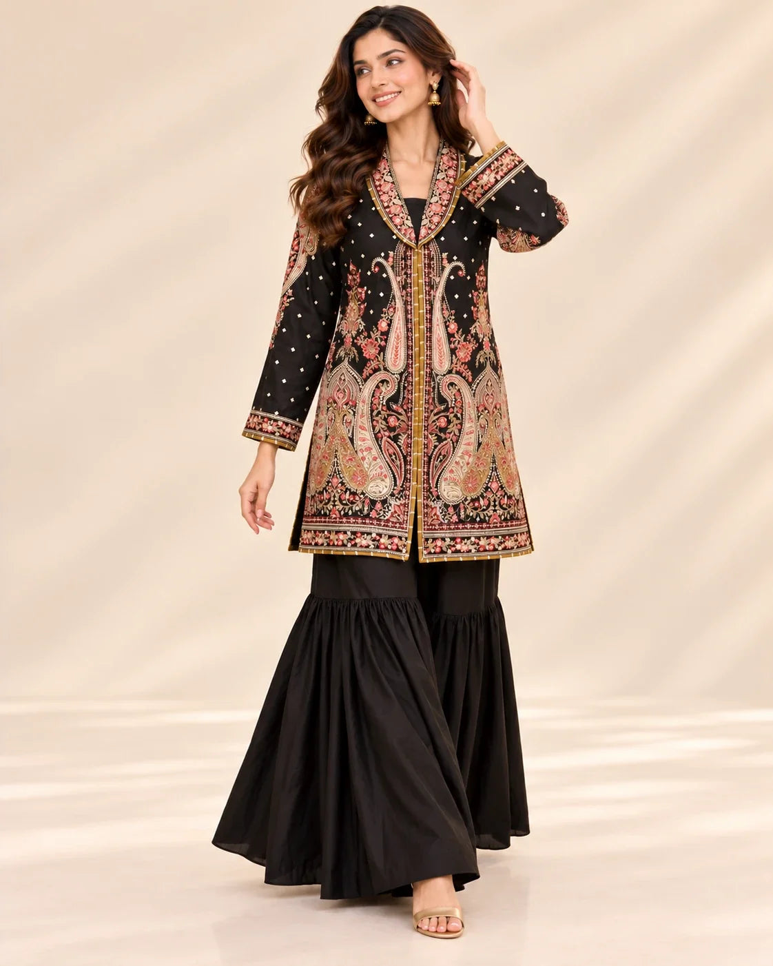 Black Embroided Viscose Shirt with Gharara 2 Pc