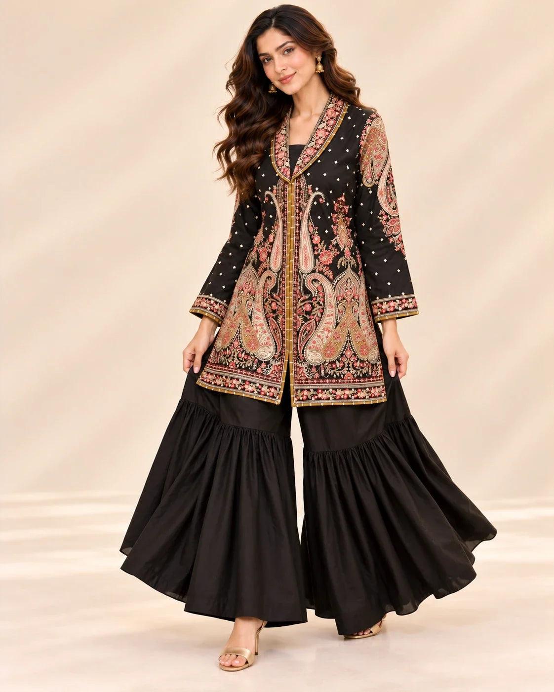 Black Embroided Viscose Shirt with Gharara 2 Pc