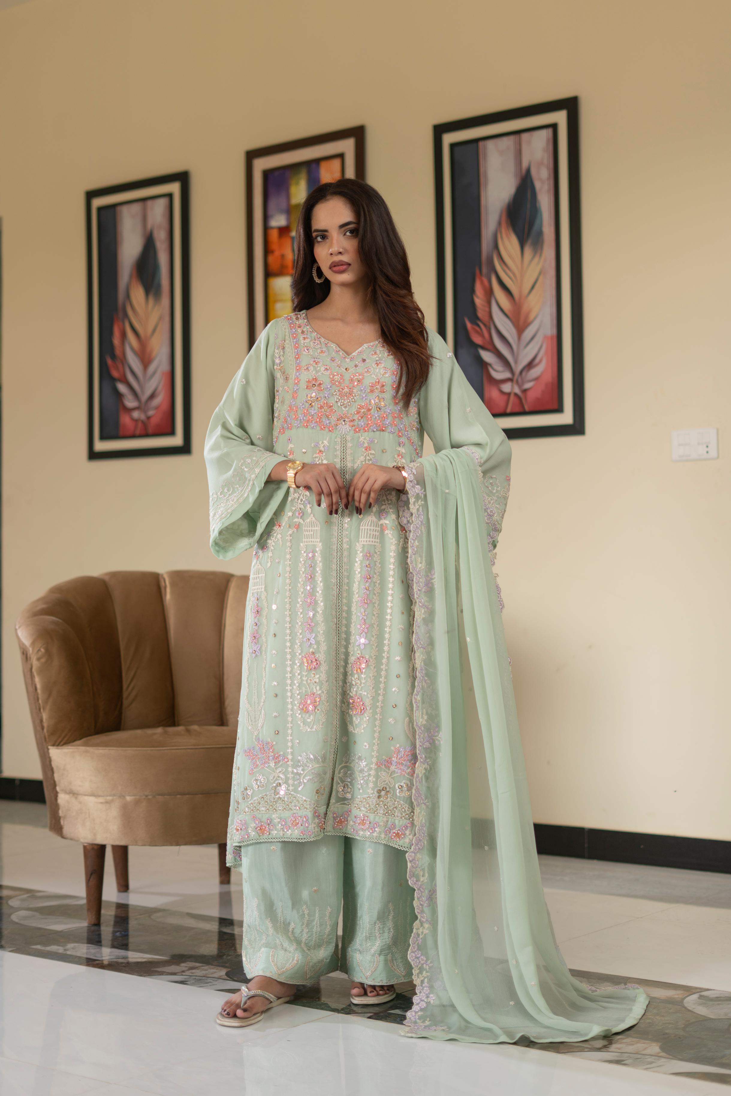 Pastel Riwaayat – Aqua Mist | 3 Piece Stitched Chiffon Suit