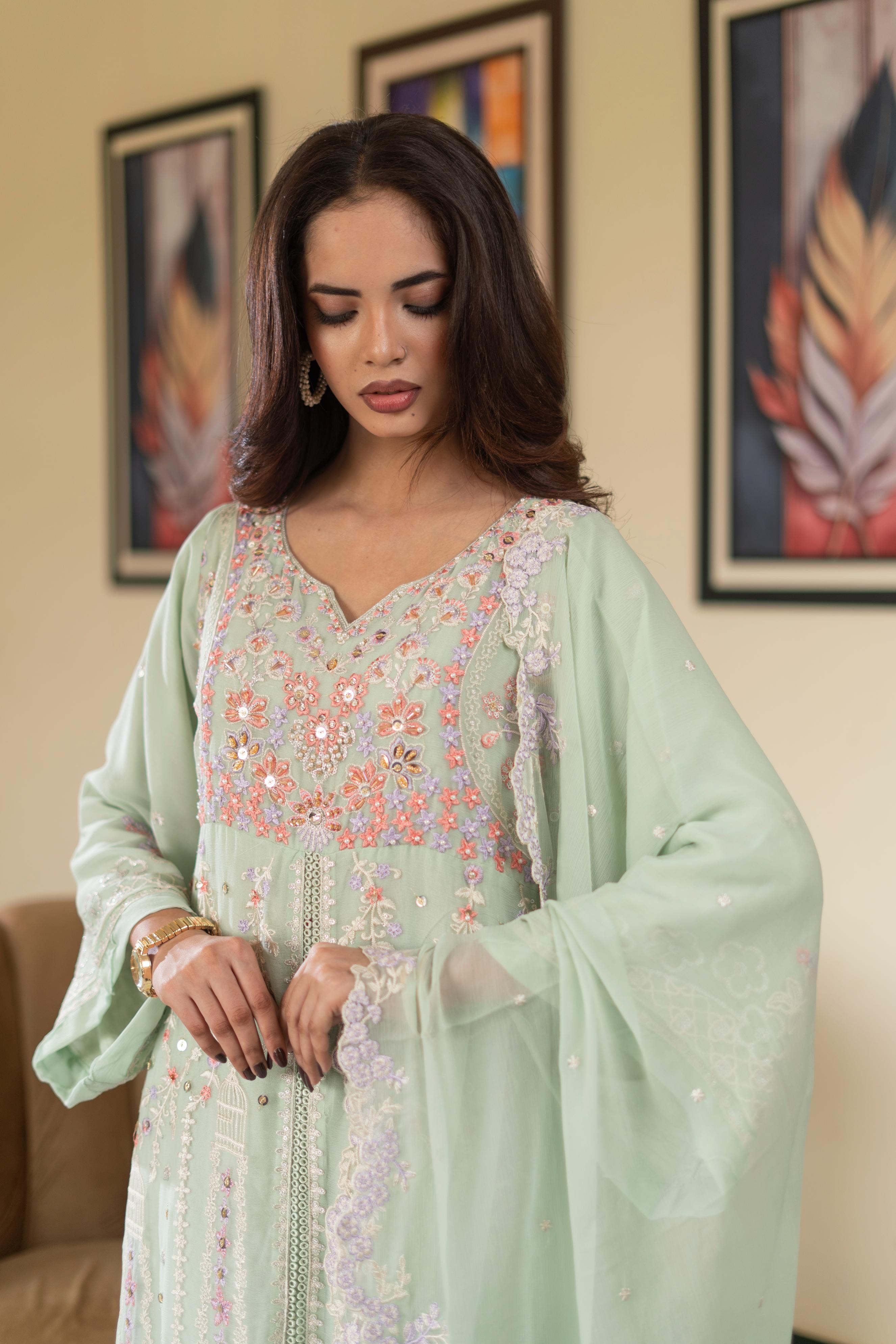 Pastel Riwaayat – Aqua Mist | 3 Piece Stitched Chiffon Suit