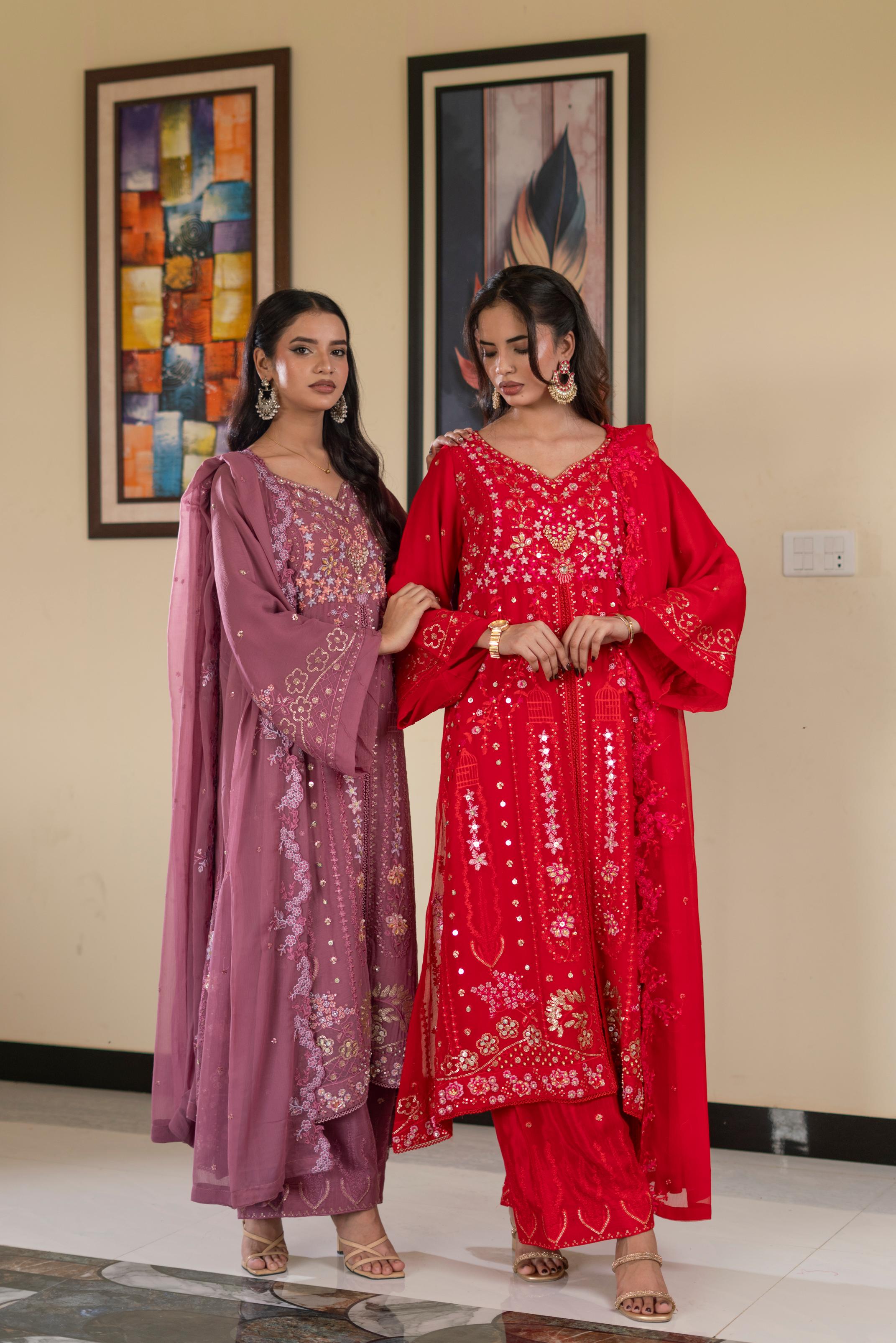 Pastel Riwaayat – Crimson Red | 3 Piece Stitched Chiffon Suit