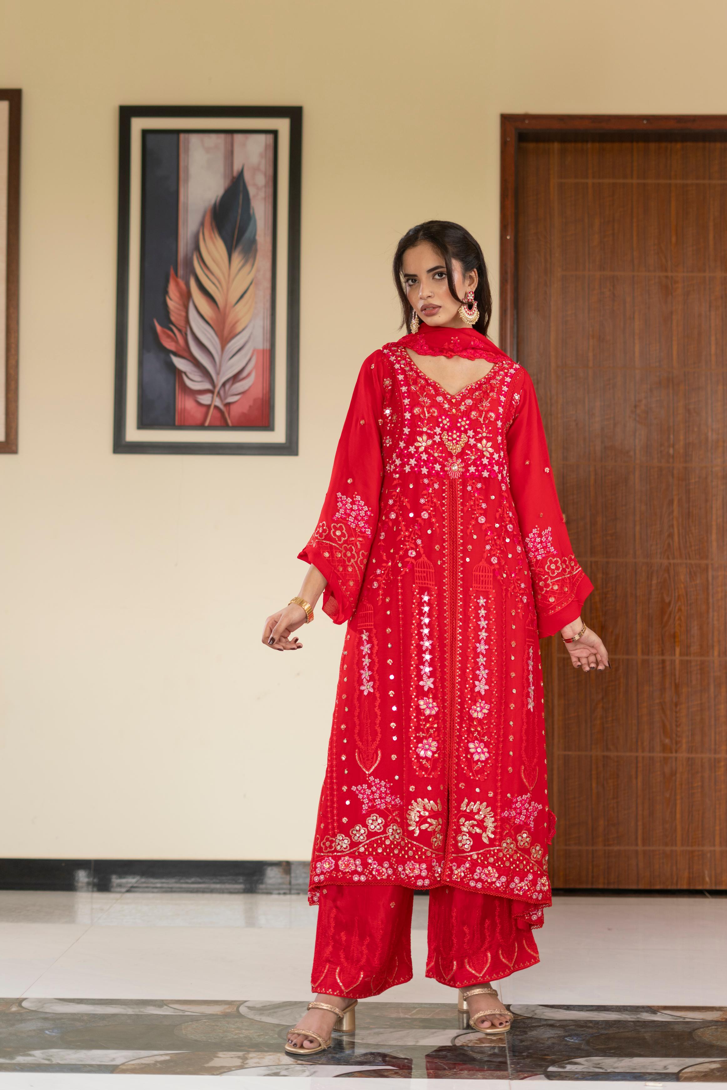 Pastel Riwaayat – Crimson Red | 3 Piece Stitched Chiffon Suit