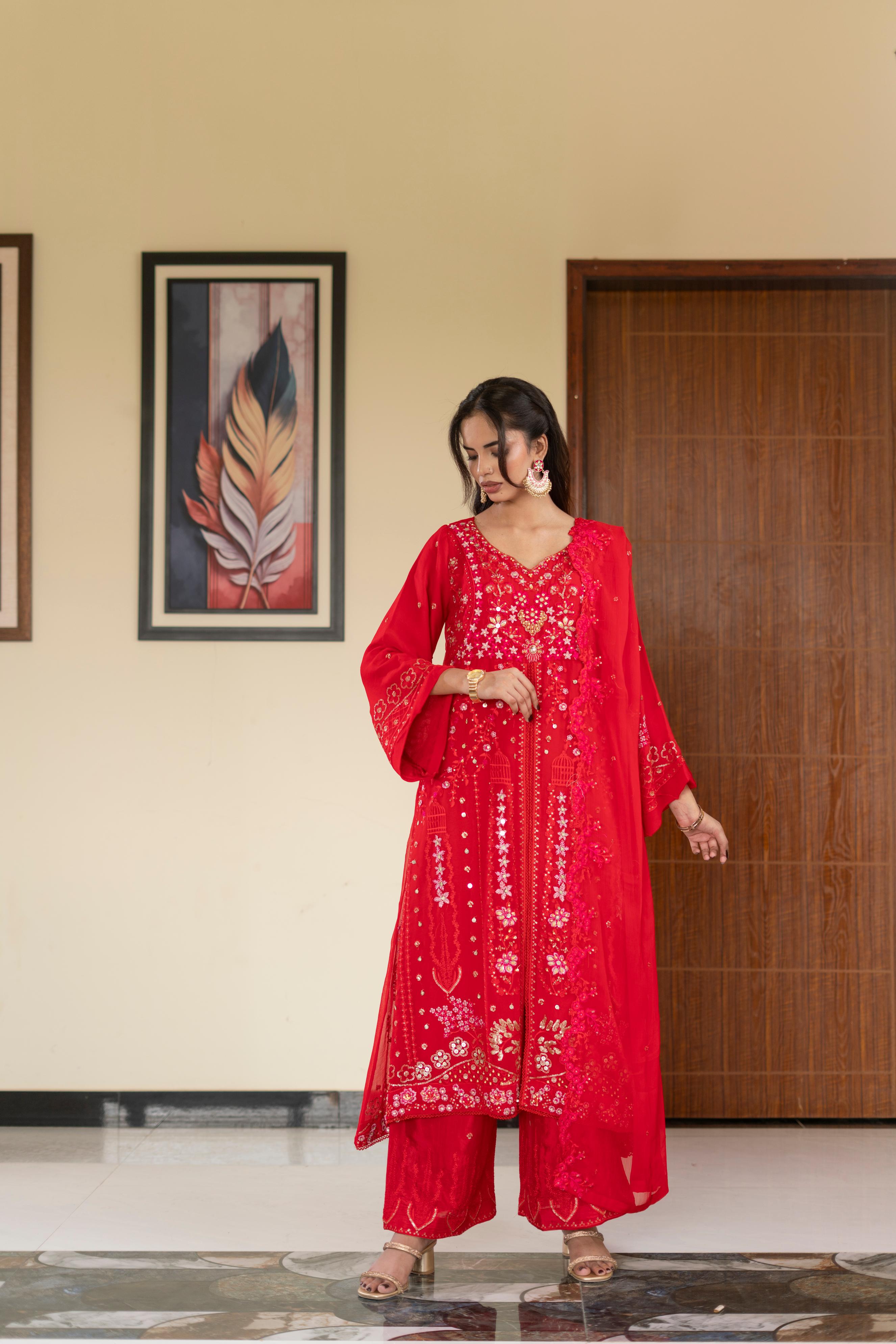 Pastel Riwaayat – Crimson Red | 3 Piece Stitched Chiffon Suit