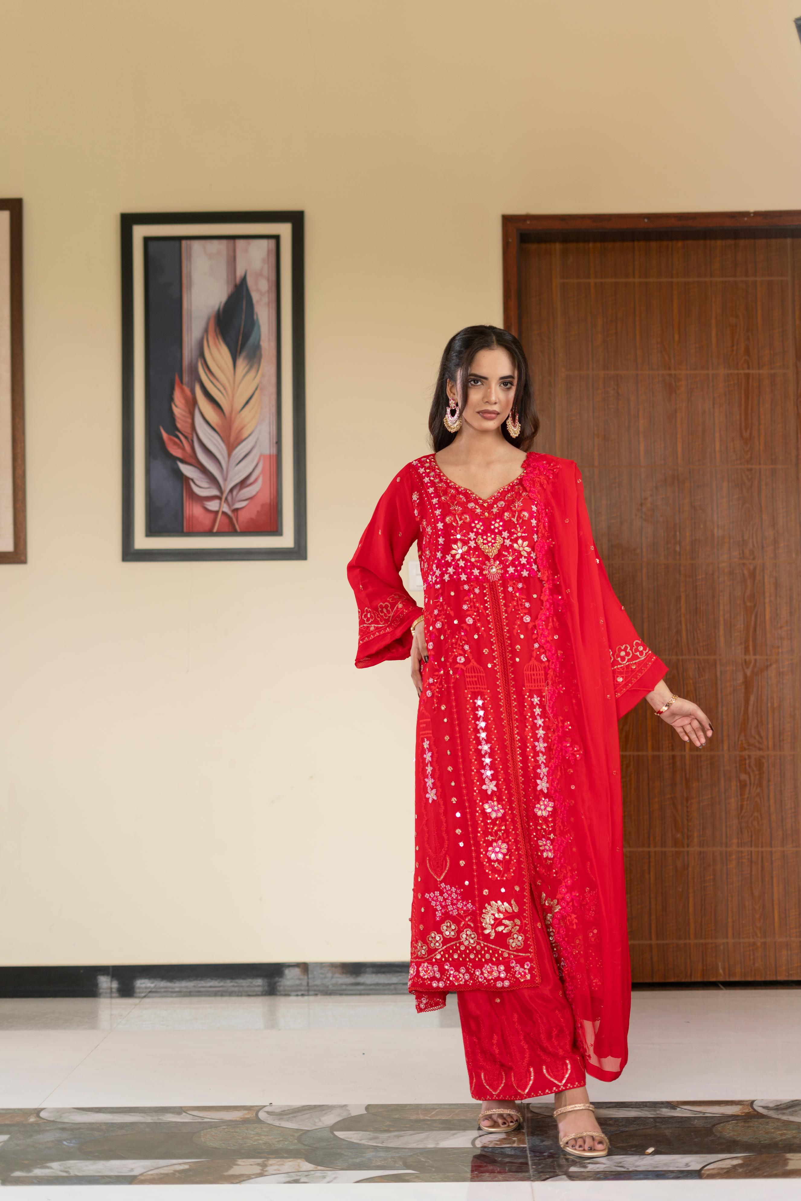 Pastel Riwaayat – Crimson Red | 3 Piece Stitched Chiffon Suit