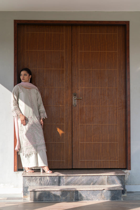Sage Mint Embroidered Cotton 3 Piece Suit with Appliqué Chiffon Dupatta – Eid Festive Wear | Fabric Emporium