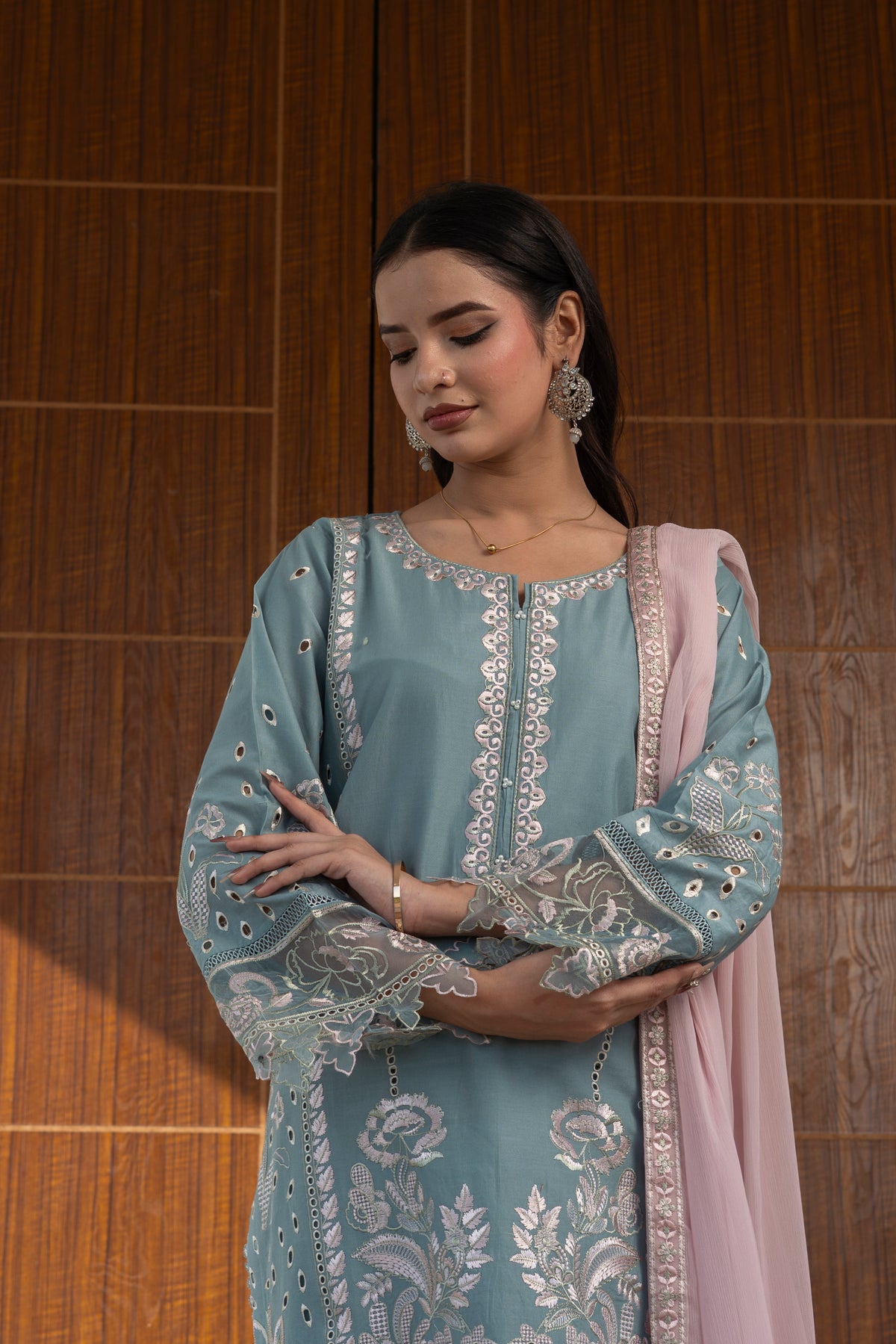 Teal Grey Embroidered Cotton 3 Piece Suit with Appliqué Chiffon Dupatta – Festive Eid Wear | Fabric Emporium