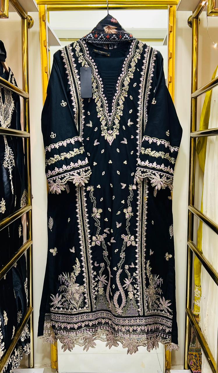 Siyah Élite – Black Embroidered Cotton 3 Piece Suit with Chiffon Dupatta