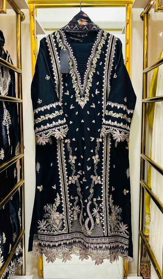 Siyah Élite – Black Embroidered Cotton 3 Piece Suit with Chiffon Dupatta