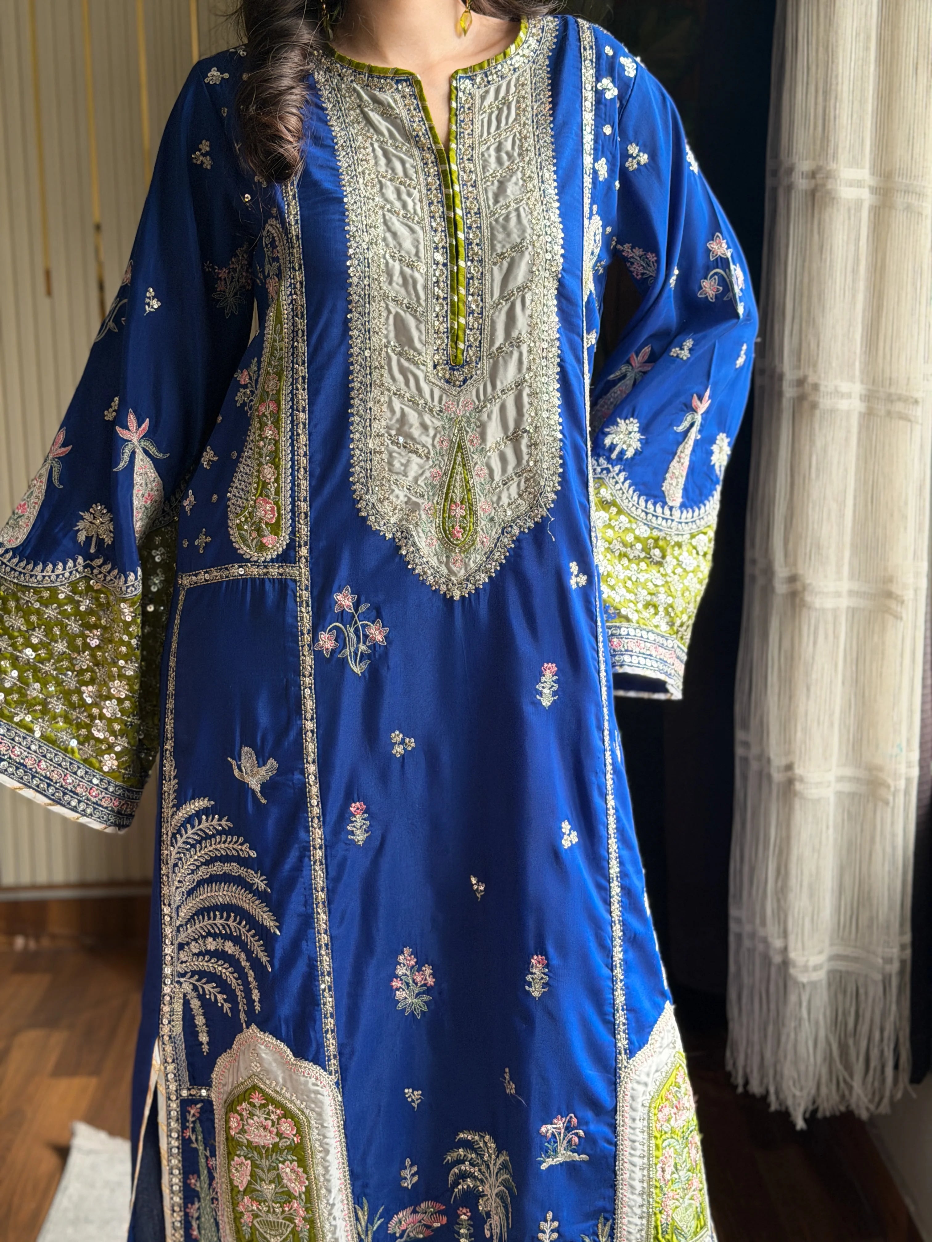 Chaman kaftan embroidered mirror work neckline detail